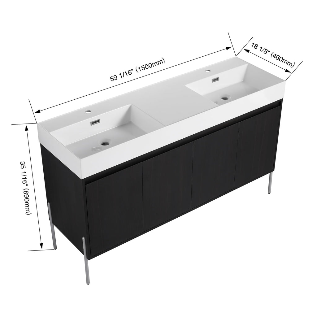 KEIKI 60" Freestanding Bathroom Vanity with Resin Double Sink, Modern Bathroom Storage Cabinet with Soft Closing Doors & Solid Metal Legs, 60 inches Double Sink Bathroom Vanity with 45° Bevel Handle