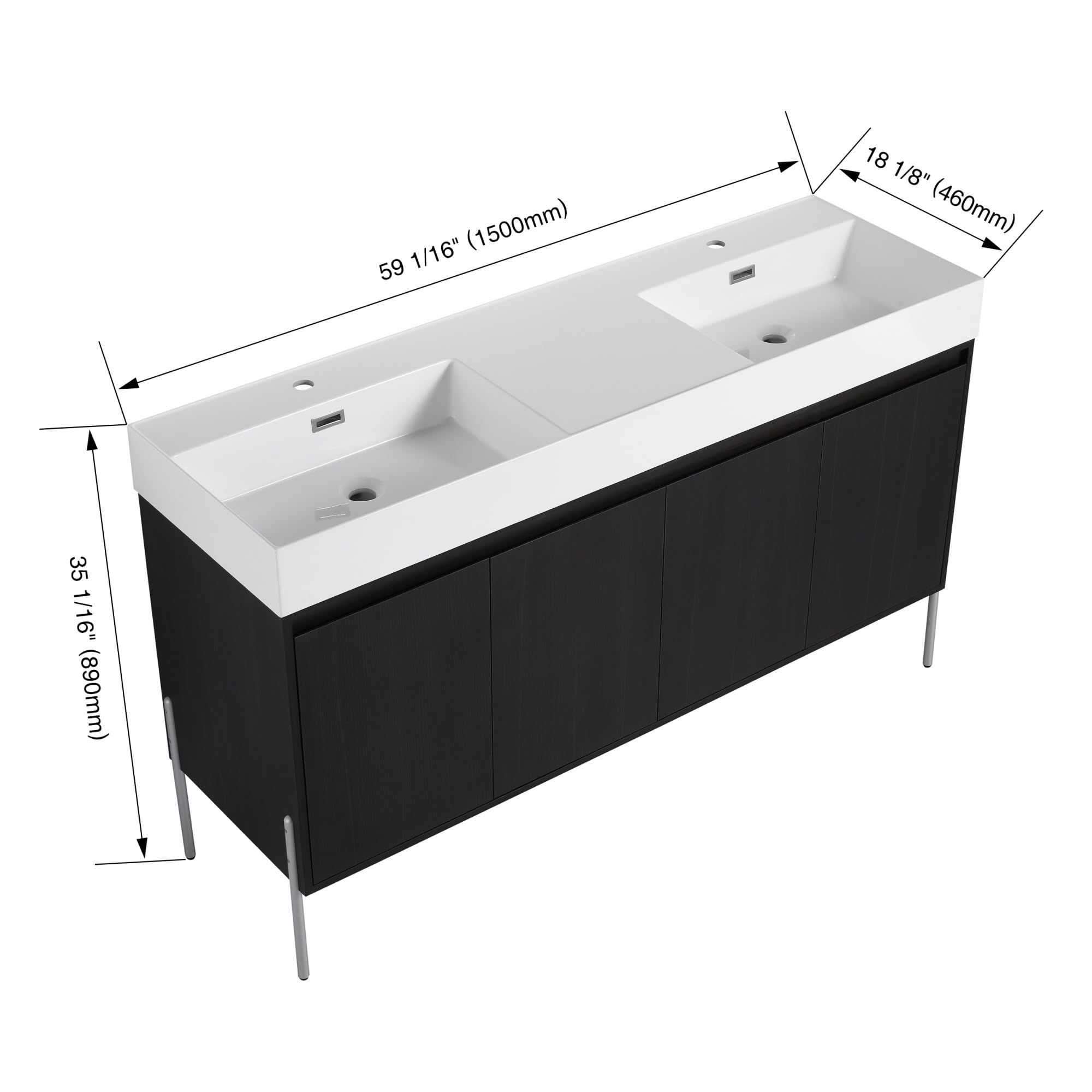 KEIKI 60" Freestanding Bathroom Vanity with Resin Double Sink, Modern Bathroom Storage Cabinet with Soft Closing Doors & Solid Metal Legs, 60 inches Double Sink Bathroom Vanity with 45° Bevel Handle