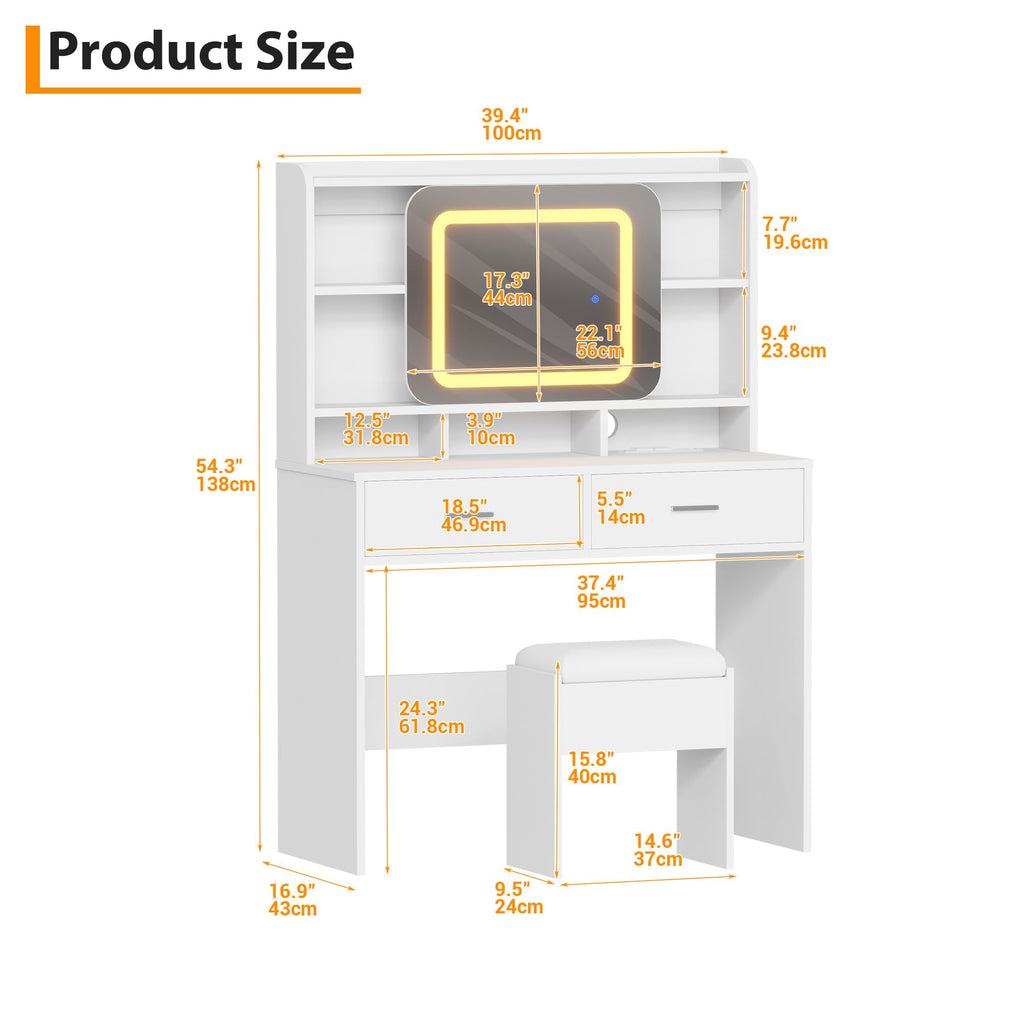 GOCAPTAIN Vanity Desk Makeup Vanity Table with Slides Mirror LED Lights 3 Intensities, Dressing Table Set with Stool, 5 Storage Shelves 2 Drawers, Plugboard and Hanger, 15.8" x 39.4" x 54.3"