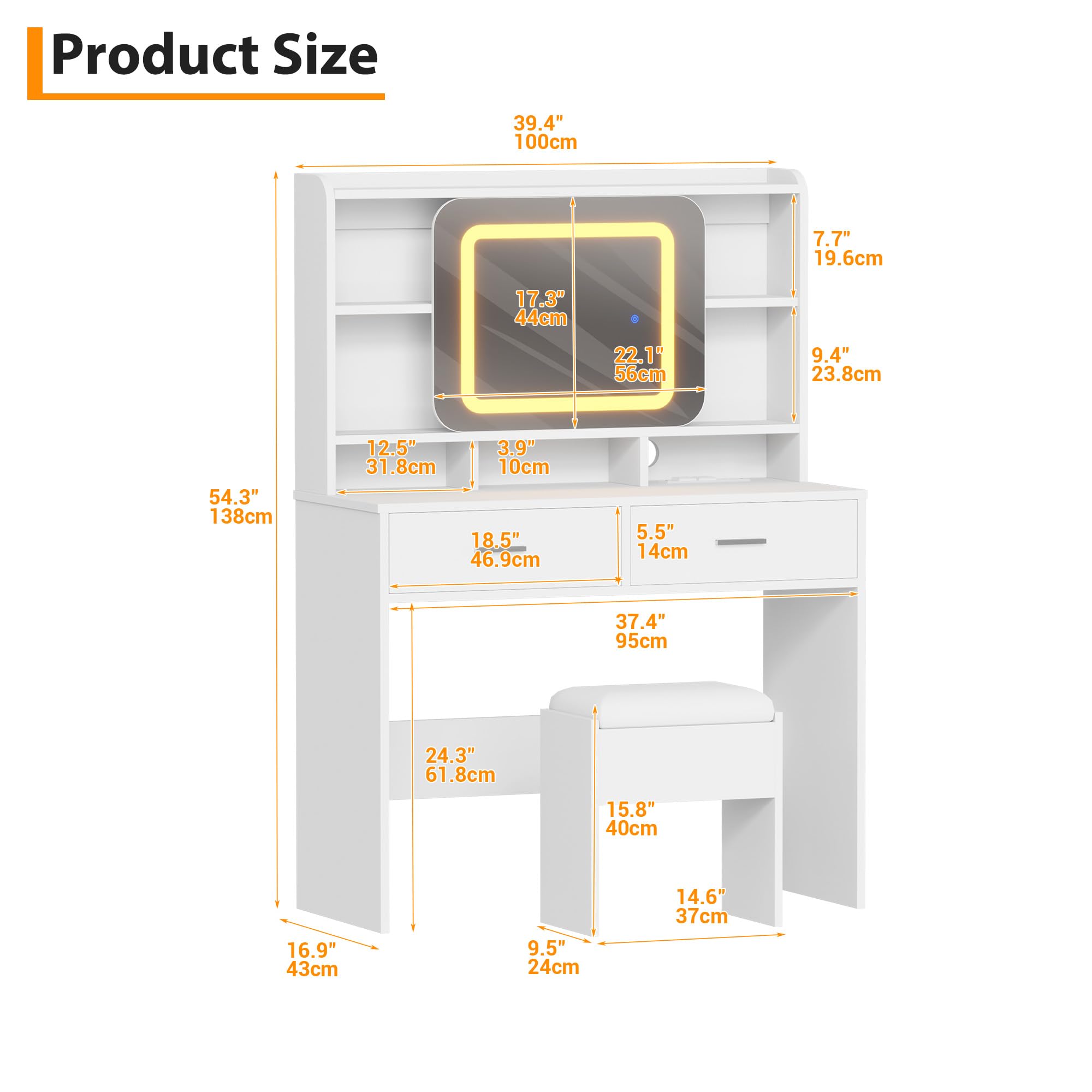 GOCAPTAIN Vanity Desk Makeup Vanity Table with Slides Mirror LED Lights 3 Intensities, Dressing Table Set with Stool, 5 Storage Shelves 2 Drawers, Plugboard and Hanger, 15.8" x 39.4" x 54.3"