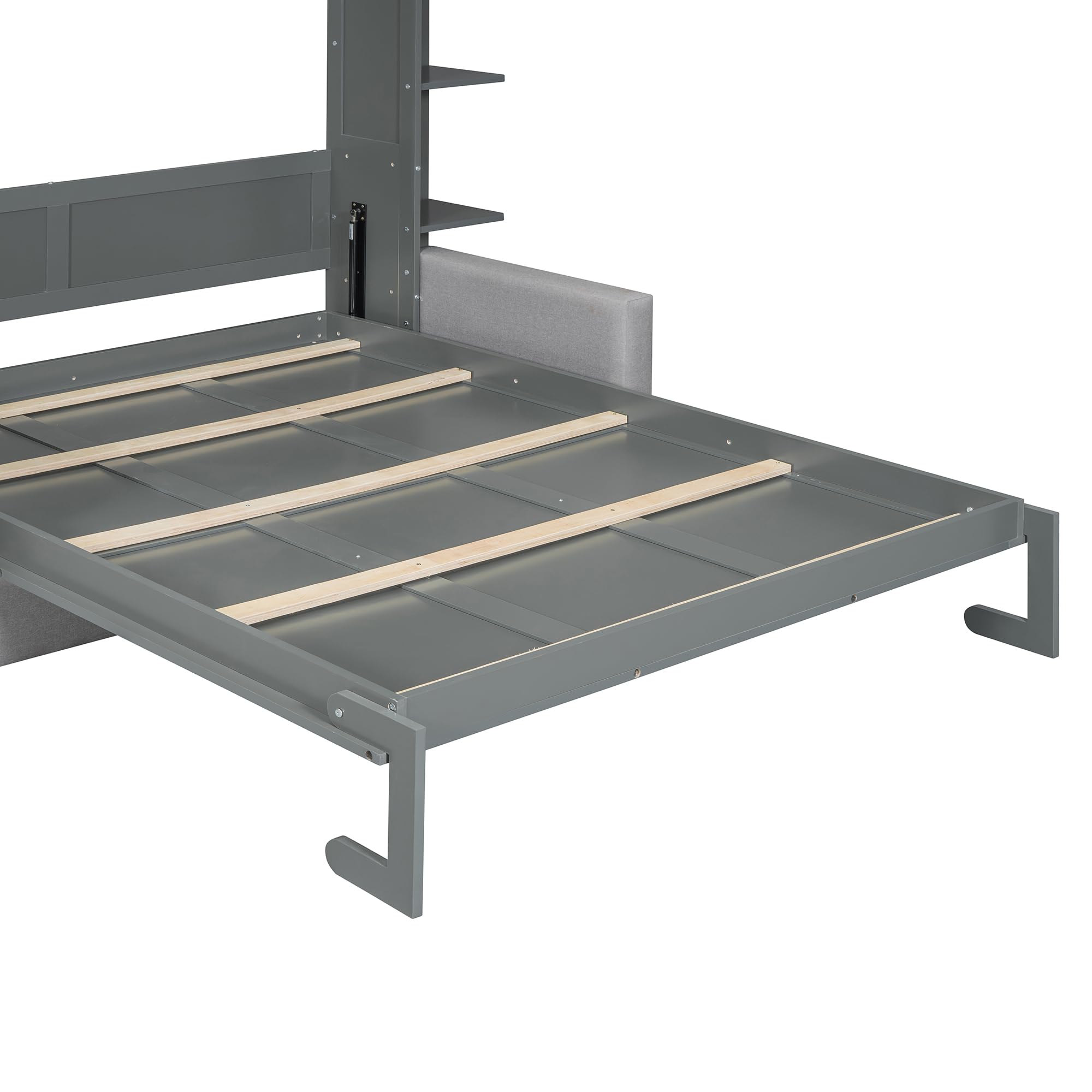Merax Queen Size Murphy with Sofa and Shelves for Bedroom or Guestroom Wall Bed Space Saving Hidden Bed,No Need Fix to The Wall,Gray