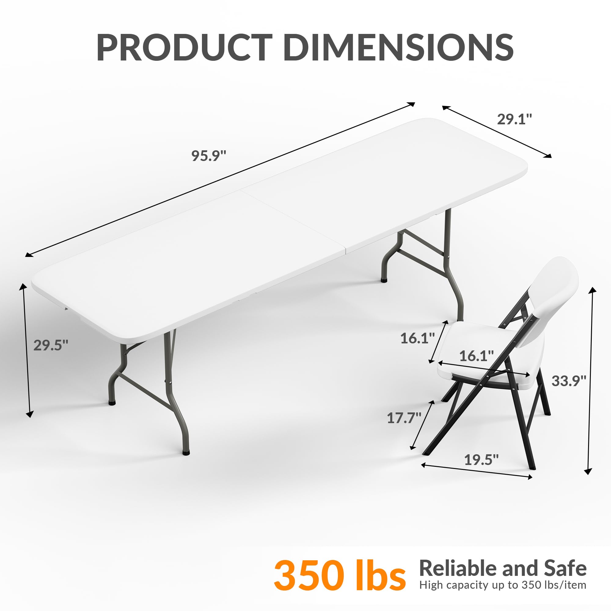 Elevon Folding Table Set with 10 White Folding Chairs,8 Feet Heavy Duty Fold-in-Half Utility Table Sets for Picnic, Event, Training, Outdoor Activities, at Home and Commercial Use