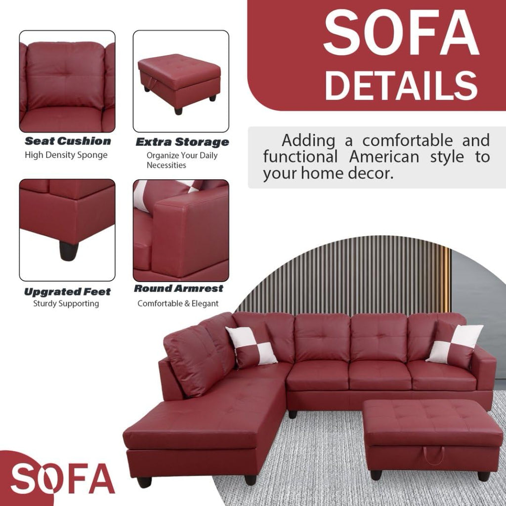 UOCFYK Red L-Shaped 3-Piece Faux Leather Sofa with Storage Ottoman Set, Sectional Couch Leather-Like Sofa Set for Living Room, Office, Small Space