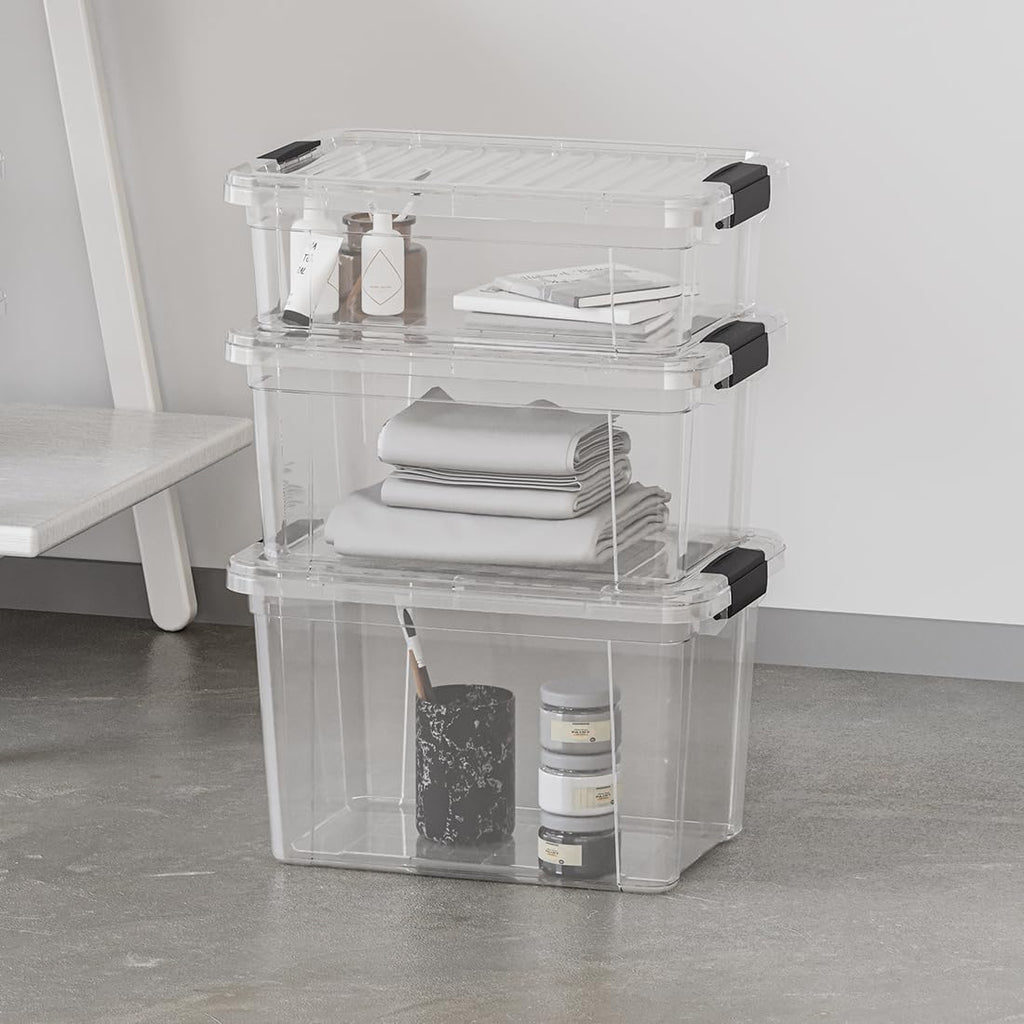 Superio Clear Storage Box with Lid, 49 Quart Plastic Container Bins for Organizing, Stackable Crates, BPA Free, Non Toxic, Odor Free, Organizers for Home, Office, School, and Dorm, 10 Pack