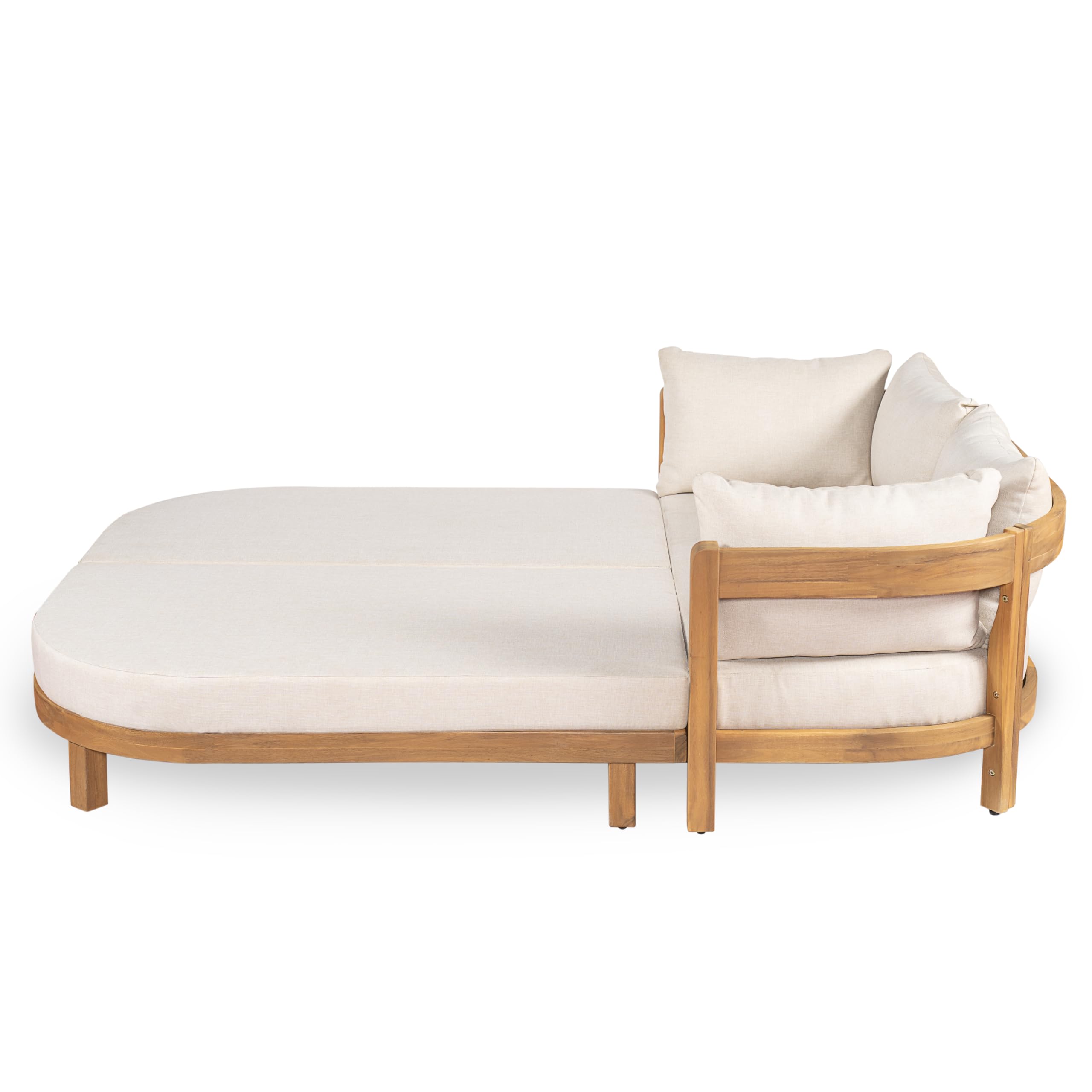 Christopher Knight Home Donovan Acacia Wood Outdoor Daybed with Cushion, Spacious Seating Lounge Sofa, Tub-Shaped Back Daybed, Curved Armrest Chaise Lounge Outdoor for Poolside Backyard, Teak+Beige