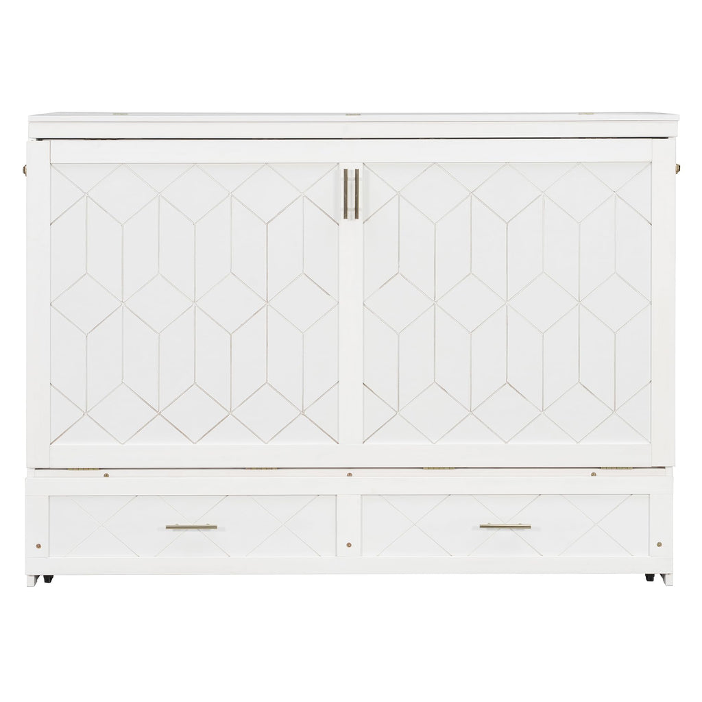 Merax Queen Size Murphy Cabinet Bed with Storage Drawers, Wall Murphy Bed with a Set of Sockets & USB Ports, Folding Platform Bed for Small Room