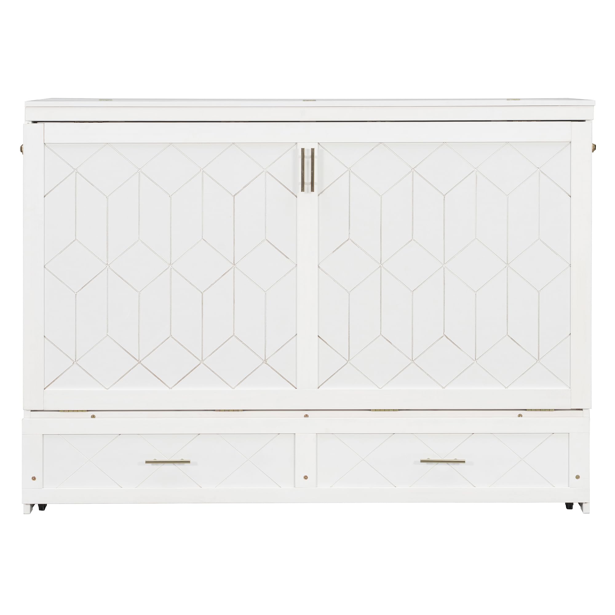 Merax Queen Size Murphy Cabinet Bed with Storage Drawers, Wall Murphy Bed with a Set of Sockets & USB Ports, Folding Platform Bed for Small Room