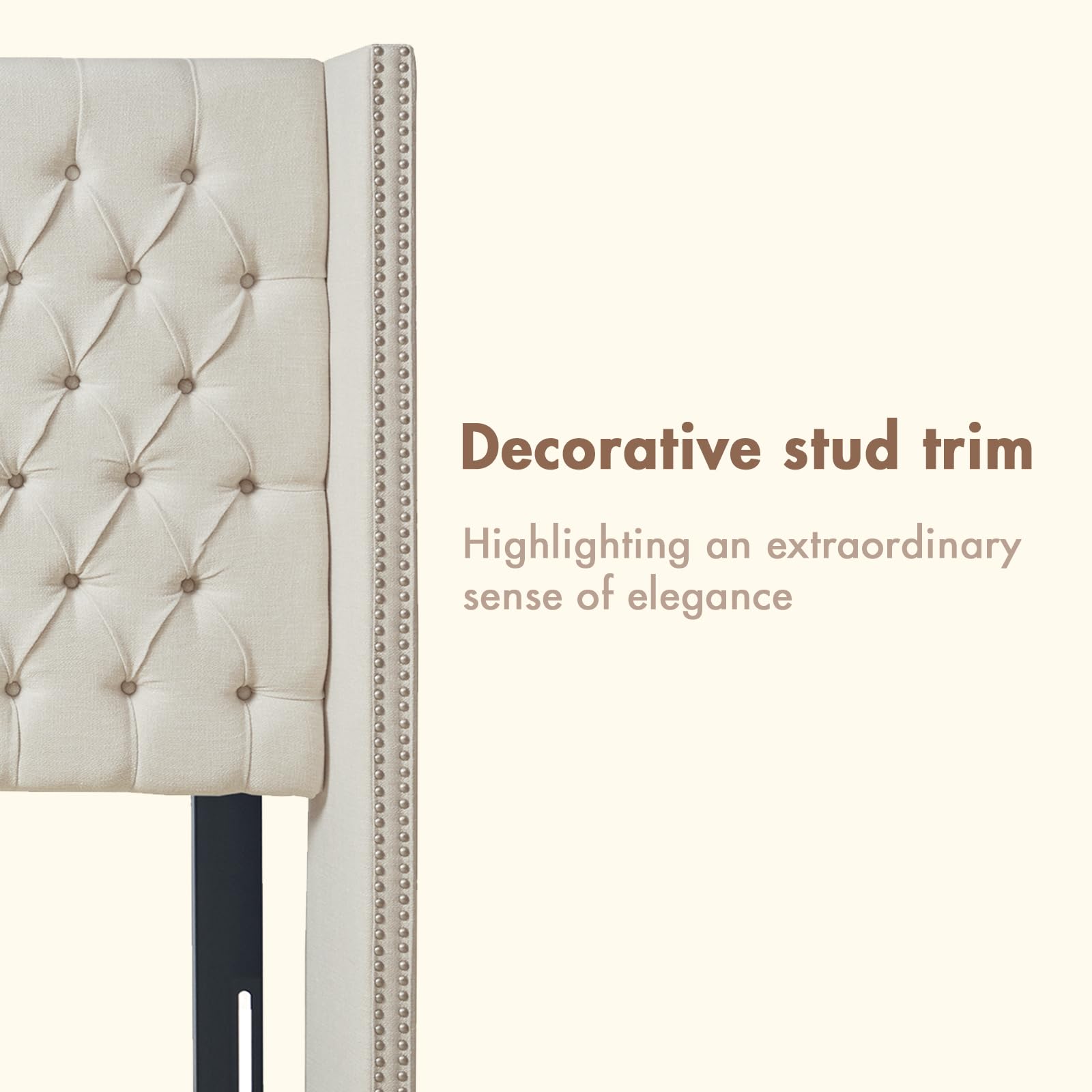 Madison Park Amelia Upholstered Headboard | Nail Head Trim Wingback Button Tufted | King, Cream