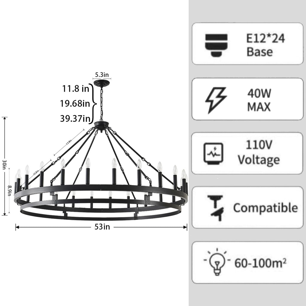 JKLX 53 inch Large Black Wagon Wheel Chandelier,Farmhouse Industrial Country Style Round Pendant Light Fixture,Round Ceiling Light fixtures for Outdoor Porch high Ceilings Living Foyer Entryway