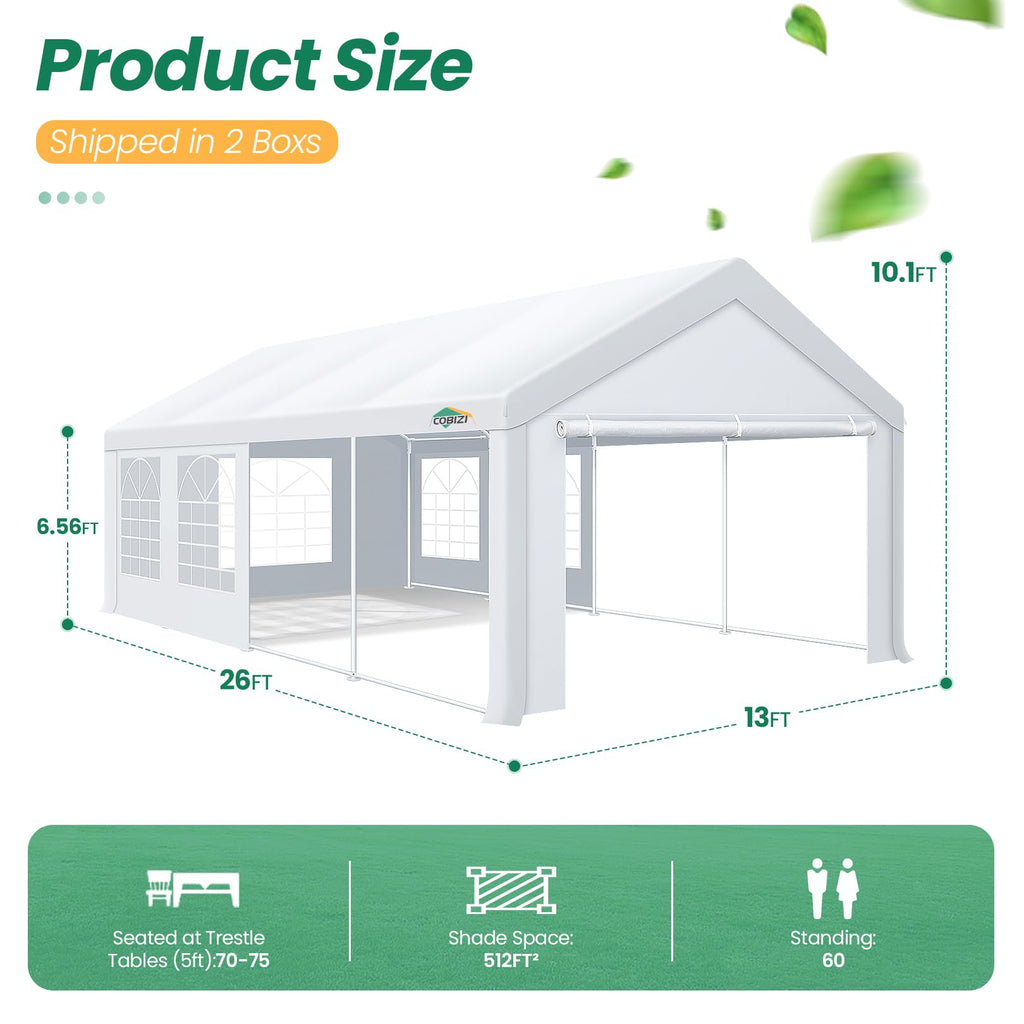 COBIZI 13x26 Party Tent Heavy Duty, Large Outdoor Event Tents for Parties with 8 Sidewalls & Built-in Sandbags,Waterproof Wedding Canopy Gazebo Commercial Tent for Carport,Camping,Patio,Windproof
