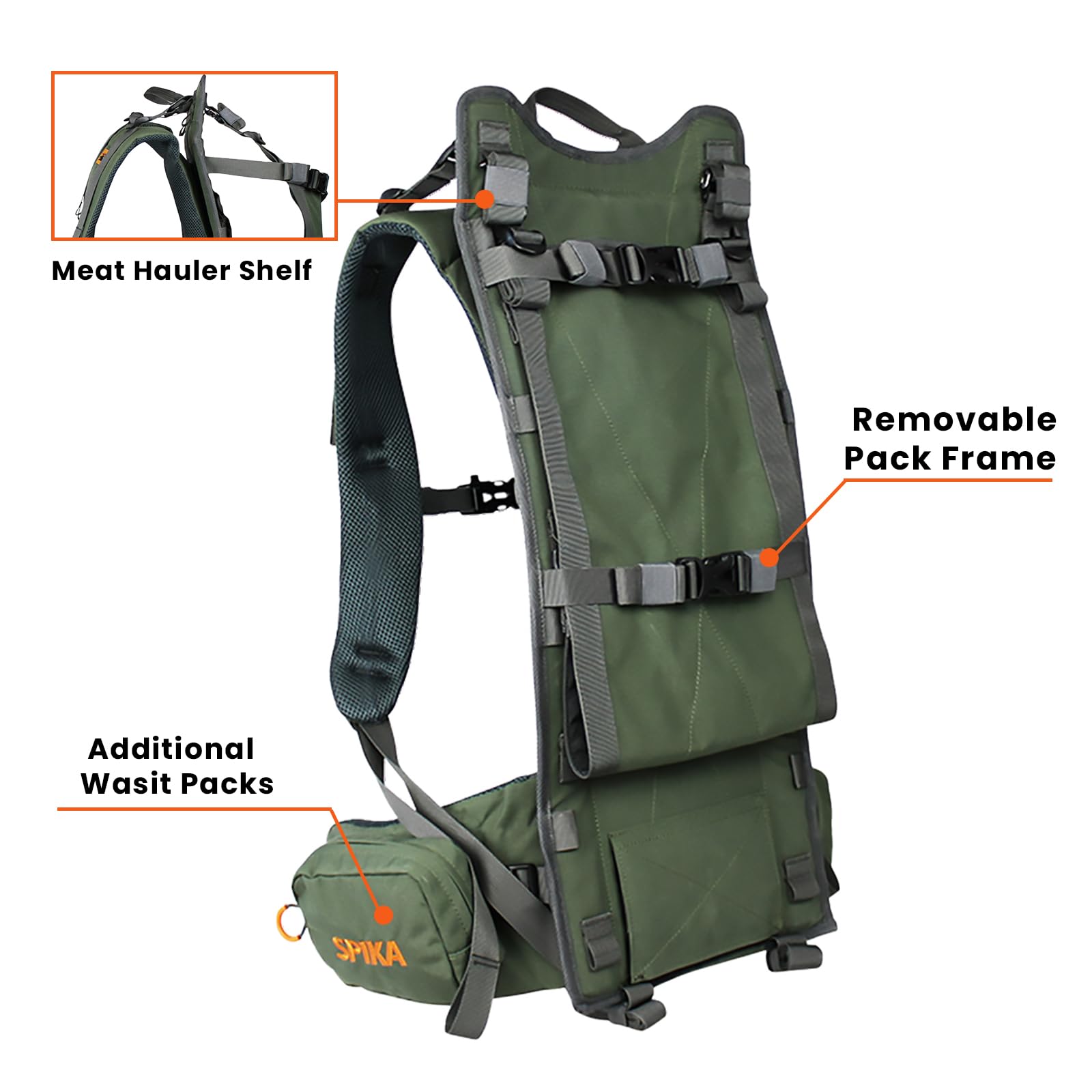 SPIKA Hunting Backpack Internal Frame for Men Waterproof Hunting Pack with Rifle Holder Rain Cover Extendable 40L+ Capacity