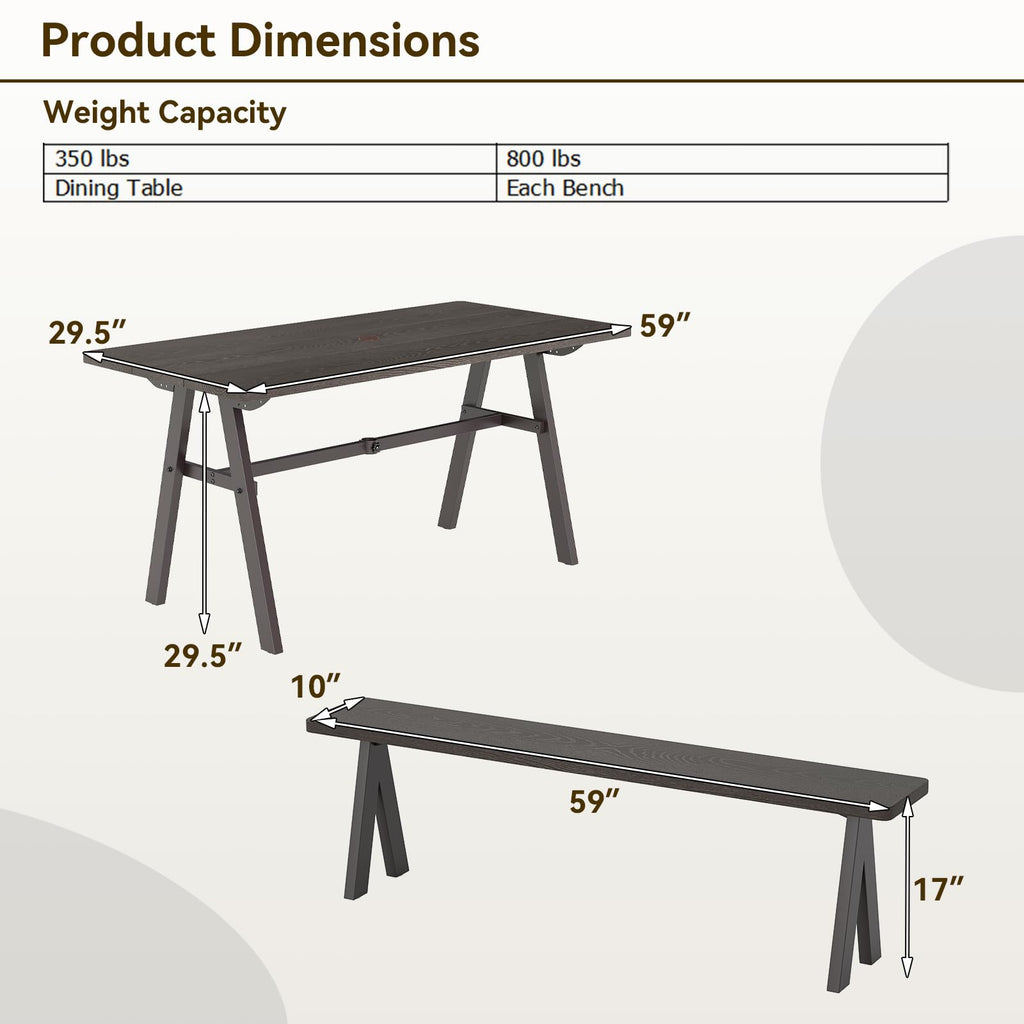 Giantex 3-Pieces Outdoor Picnic Table Set for 6 People, Rustproof Patio Dining Furniture Set with 1.93" Umbrella Hole, 800lbs Capacity Bench, 59" Camping Table for Porch Deck Yard Garden Lawn