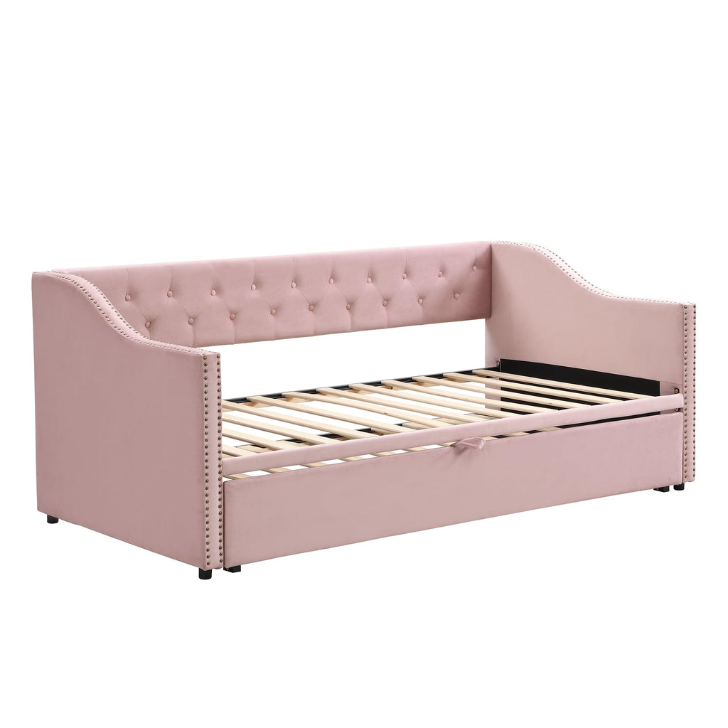 Merax Twin Size Upholstered Velvet Daybed with Pop Up Trundle, Multi-Functional Sofa Bed with Backrest and Two Armrest for Kids Room, Guest Room, Living Room,Pink
