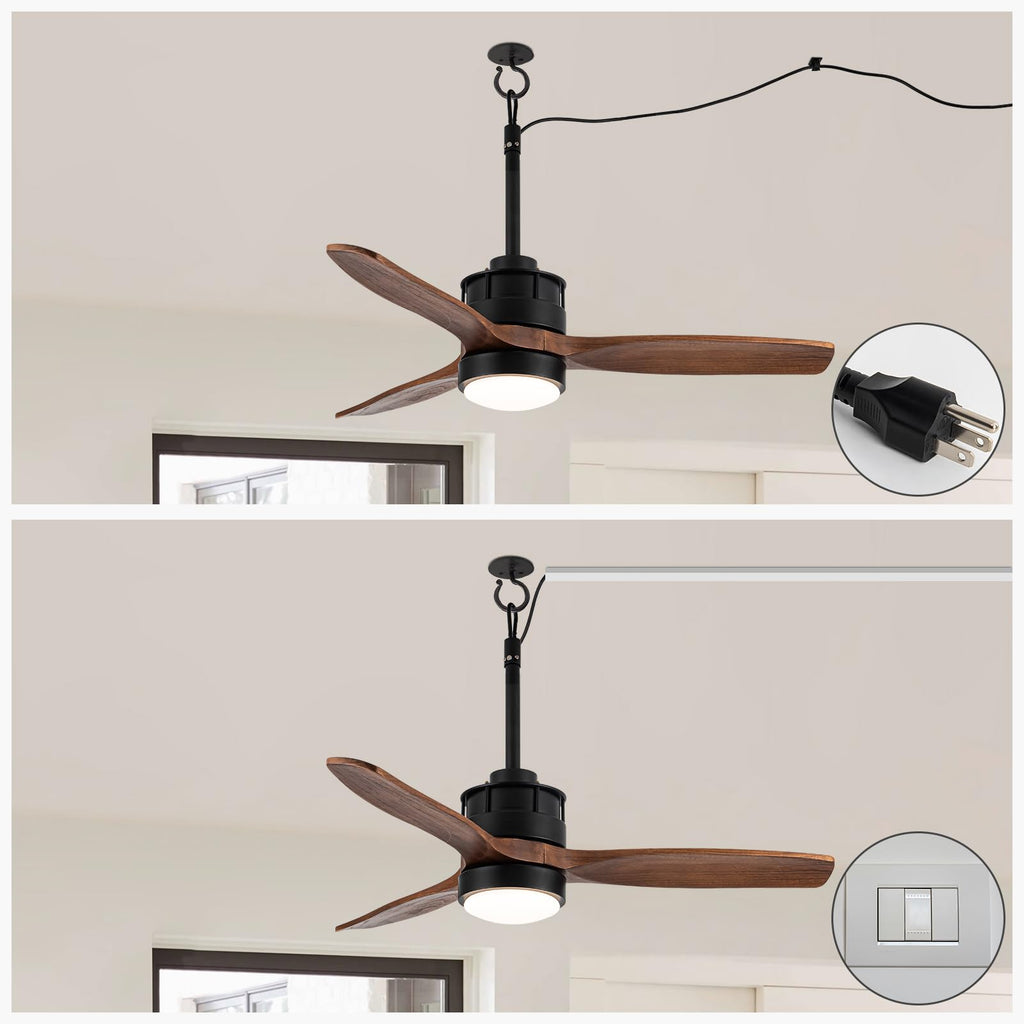 EKIZNSN 32“ Wet Rated Ceiling Fans with Lights Outdoor Hanging for Gazebo Waterproof, DC Motor w 3 Reversible Walnut Wood Blades, Walnut
