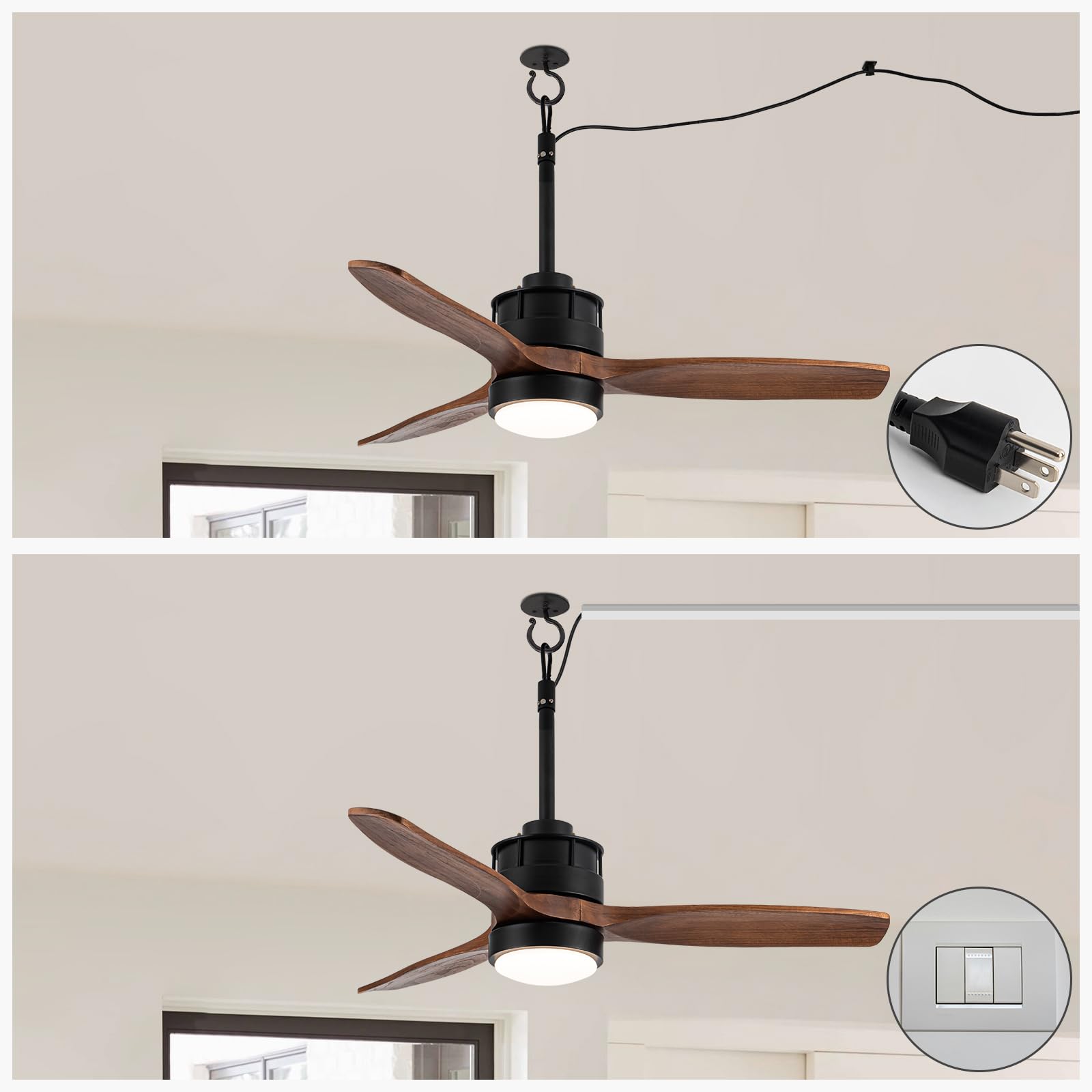 EKIZNSN 32“ Wet Rated Ceiling Fans with Lights Outdoor Hanging for Gazebo Waterproof, DC Motor w 3 Reversible Walnut Wood Blades, Walnut