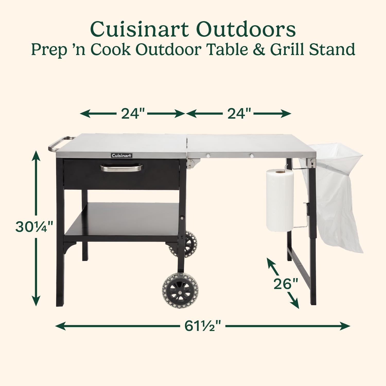 Cuisinart Prep ‘n Cook Outdoor Table and Grill Stand, Stainless Steel Folding Table with Wheels, 48” x 24” Prep Station for Home BBQ, Tailgates, Cookouts