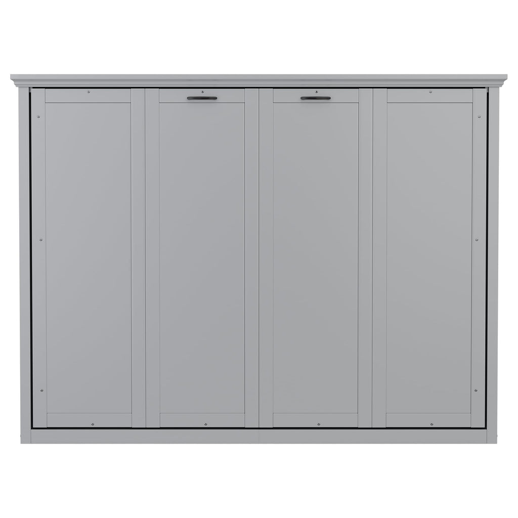 DNYN Queen Size Murphy Bed for Bedroom,Guest Room,Solid Wood Wall Bedframe w/Wooden Leg & Cabinet Design,Super Save Space & No Box Spring Needed, Gray