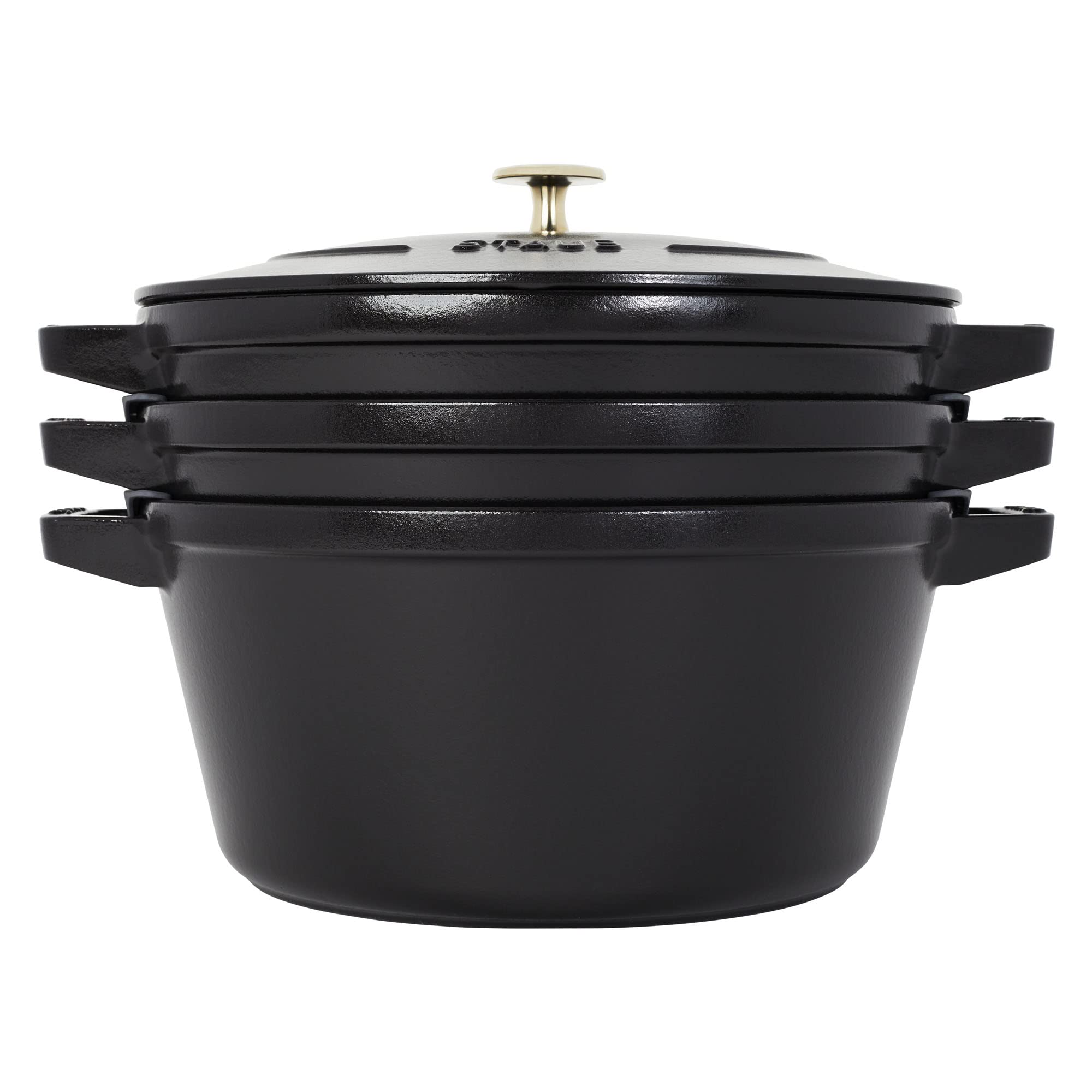 STAUB Cast Iron Set 4-pc, Stackable Space-Saving Cookware Set, Dutch Oven, Skillet, Grill Pan with Universal Lid, Made in France, Matte Black
