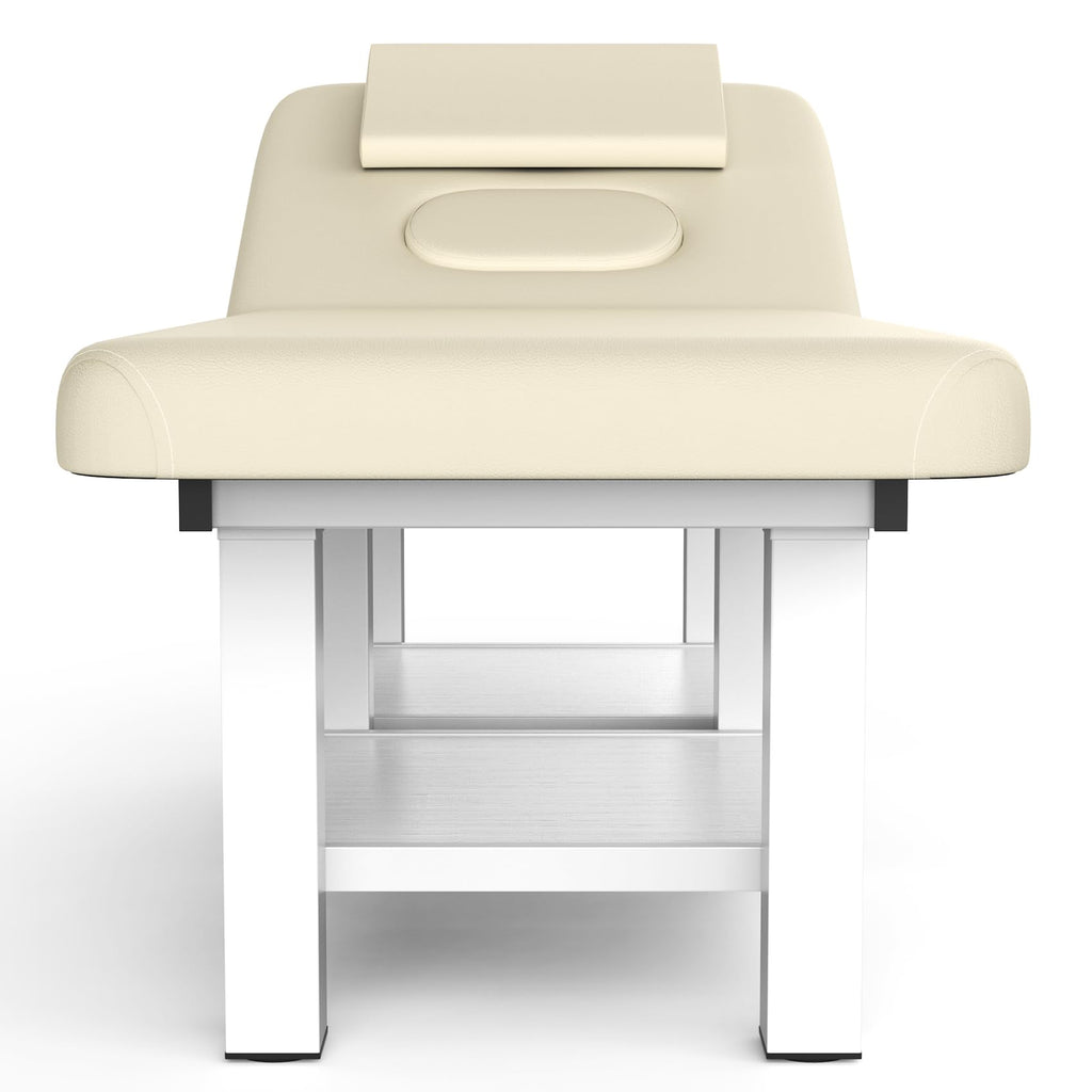 pouseayar Stationary Massage Table, 75”L 31.5''W Heavy Duty Esthetician Bed, 800LBS Metal Frame PU Leather Physical Therapy Table Spa Lash Bed Professional Equipment (Beige Grey)