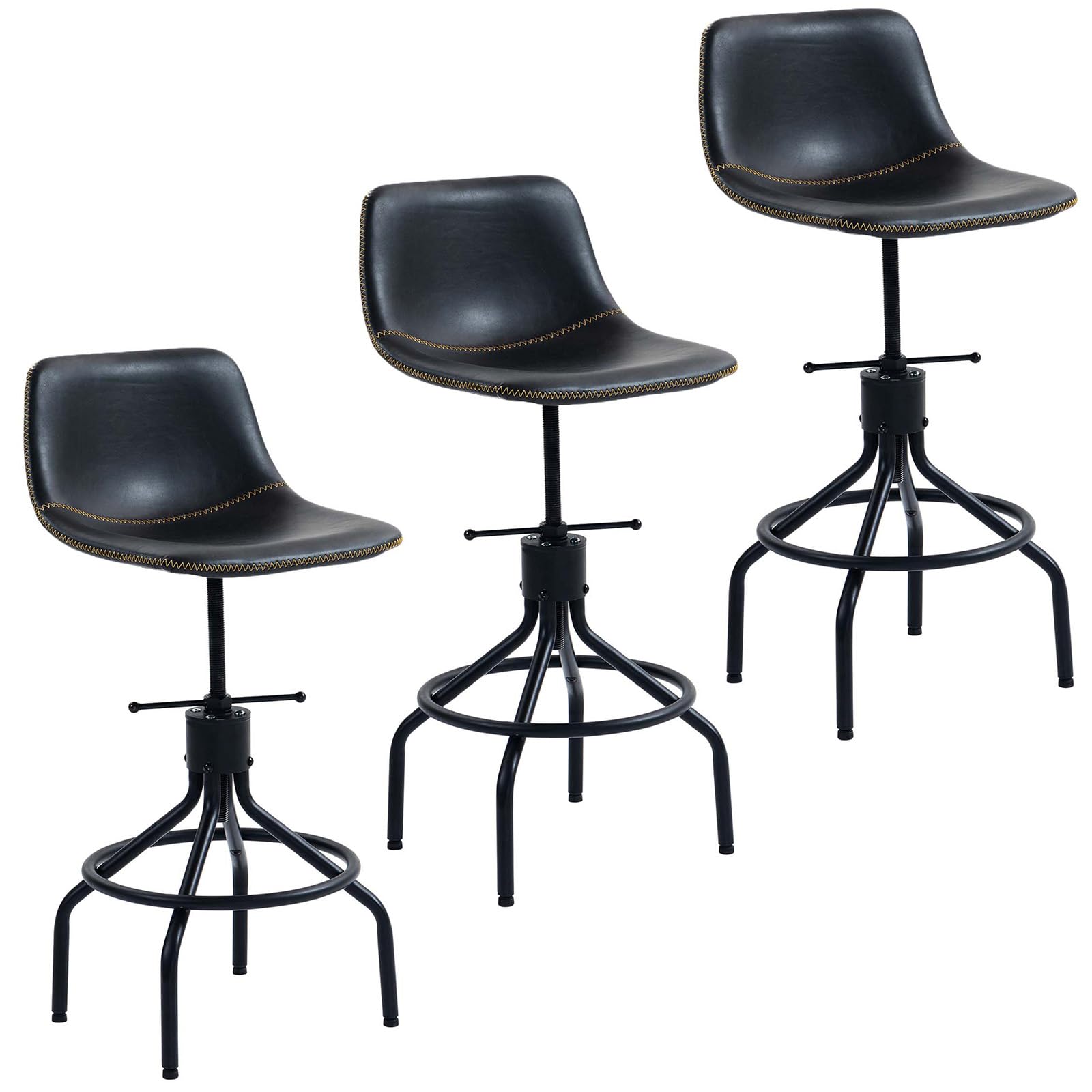 CHIDOCHILO Swivel Bar Stools Set of 3, Adjustable Industrial Kitchen Island Barstools with Back 26 Inch Faux Leather Armless Counter Height Bar Chairs for Dining Room Home Bar D087-Black-3