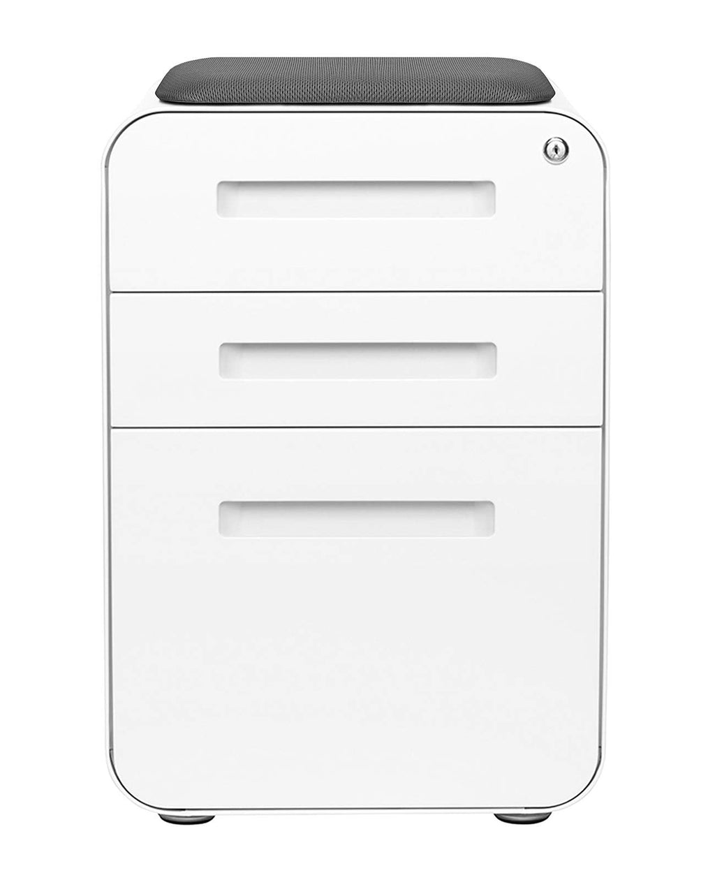 Laura Davidson Furniture STOCKPILE Curve Seated 3-Drawer Mobile File Cabinet with Removable Magnetic Cushion Seat - Metal Filing Cabinet, Pre-Assembled, White with Dark Grey Cushion