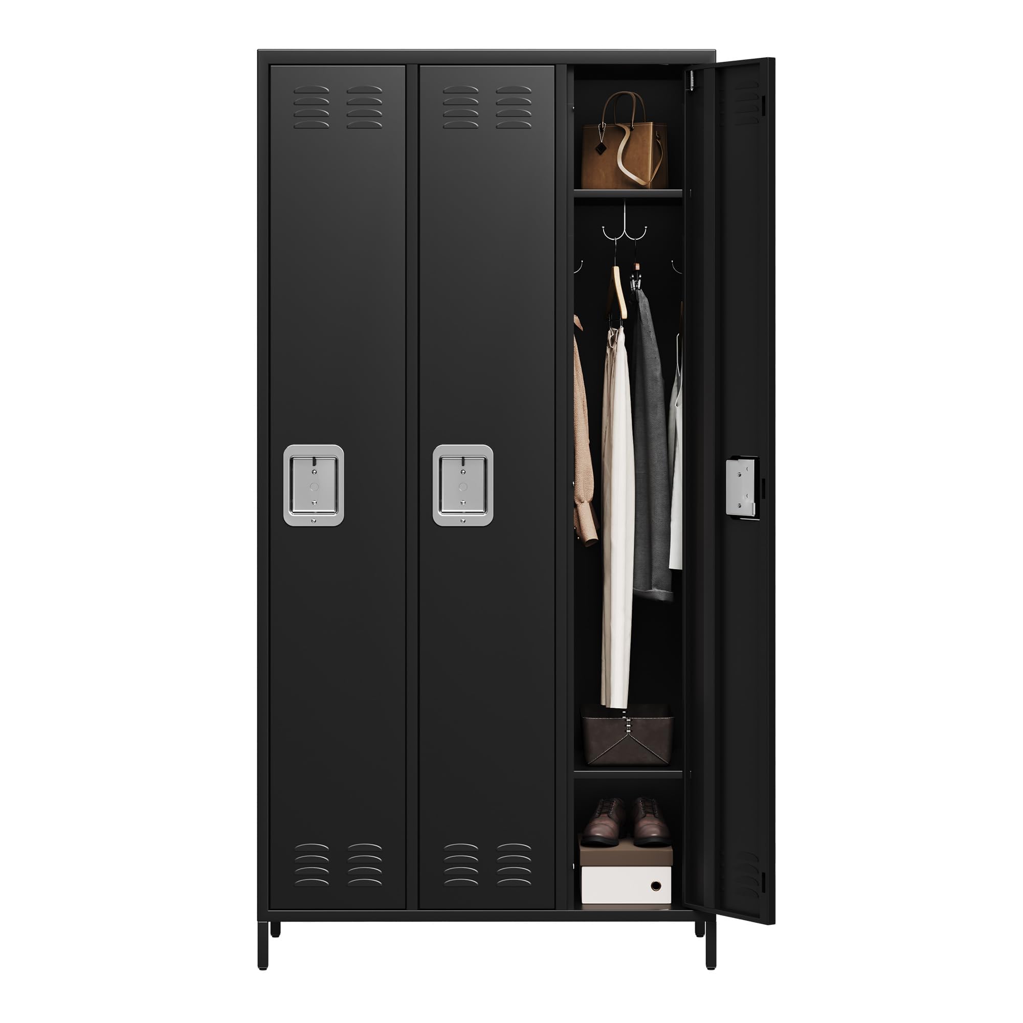 IDEALHOUSE 3 Doors Steel Storage, Metal Locker for School Office Gym Bedroom, 72 Inch Locker Cabinet for Employees,Industrial Storage Locker with 3 Shelves, Assembly Required, Black