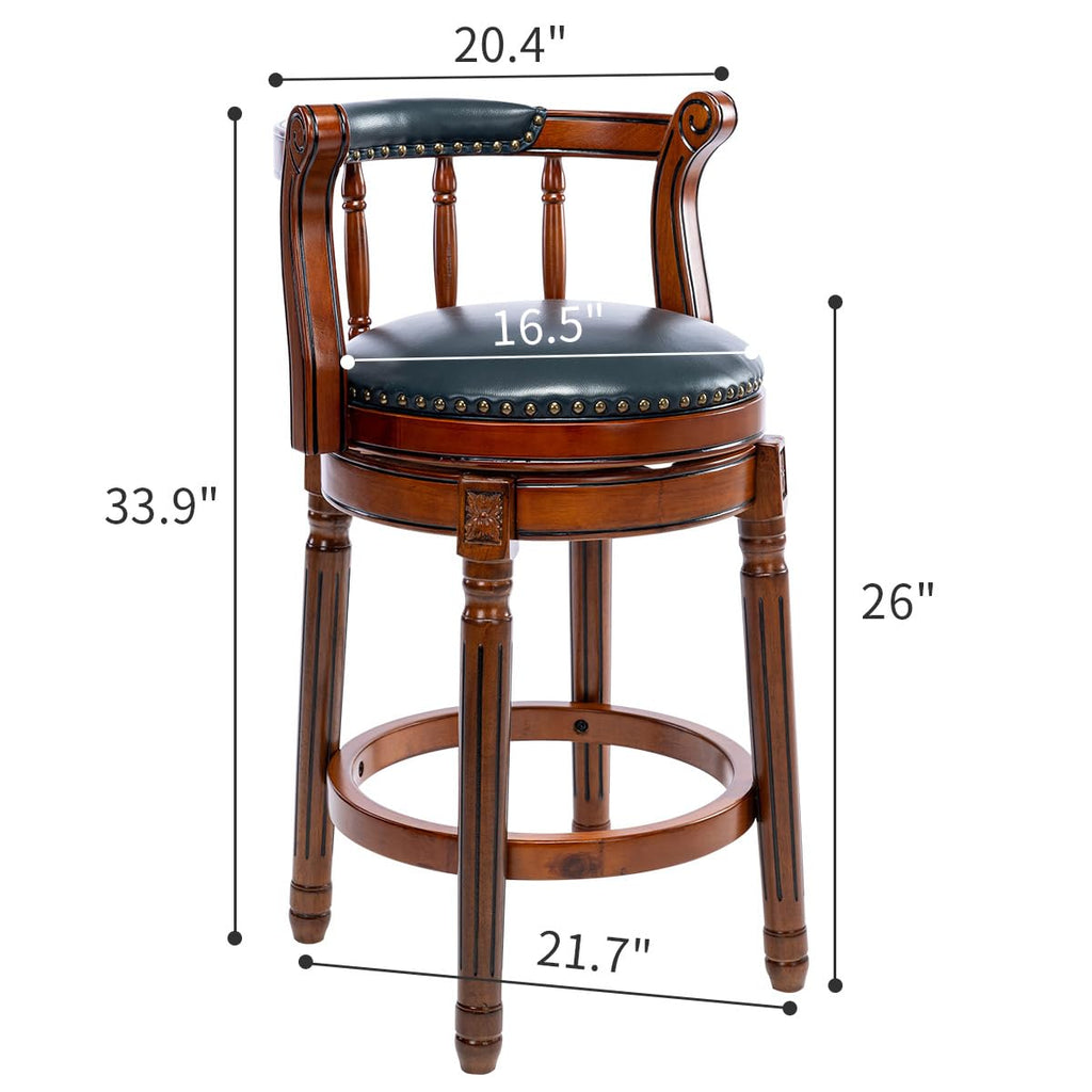 AULIFE Cow top Leather Wooden Bar Stools, 360 Degree Swivel Bar Height Chair with Backs for Home Kitchen Counter, Morden Chair Barstools (Dark Blue 1pc, Counter Height-Seat Height 26”)