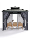 PeacefulHues 10' x 10' Permanent Hardtop Gazebo with Aluminum Frame, Double Galvanized Steel Roof, Curtains and Netting, Outdoor Patio Pavilion for Backyard, Deck, Garden – Gray