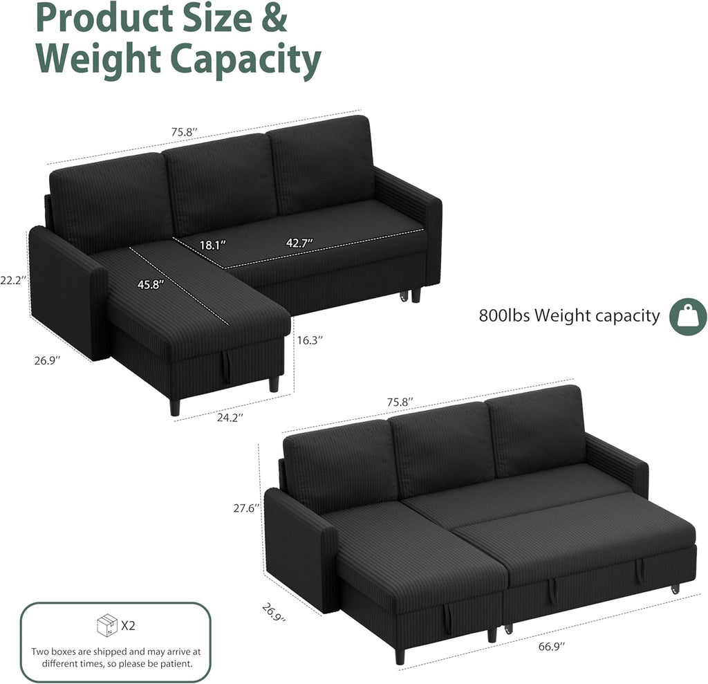 Shintenchi Futon Sofa Bed Convertible Couches L Shaped, 4‑in‑1 Sectional Sleeper Sofa Pull Out Couches for Living Room, Multifunctional Couch with Storage Chaise Corduroy Fabric, Black