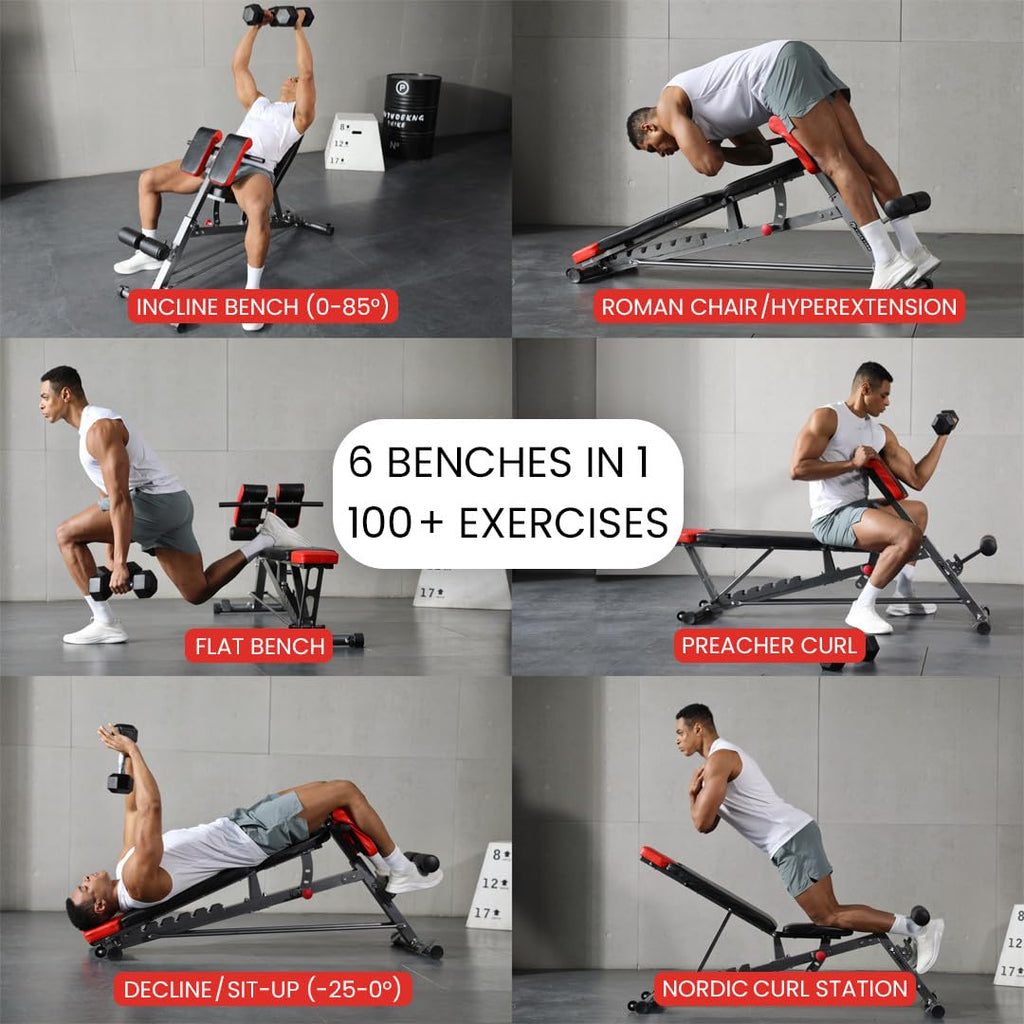 Finer Form Multi-Functional FID Weight Bench for Full All-in-One Body Workout – Hyper Back Extension, Roman Chair, Adjustable Ab Sit up Bench, Incline Decline Bench, Flat Bench