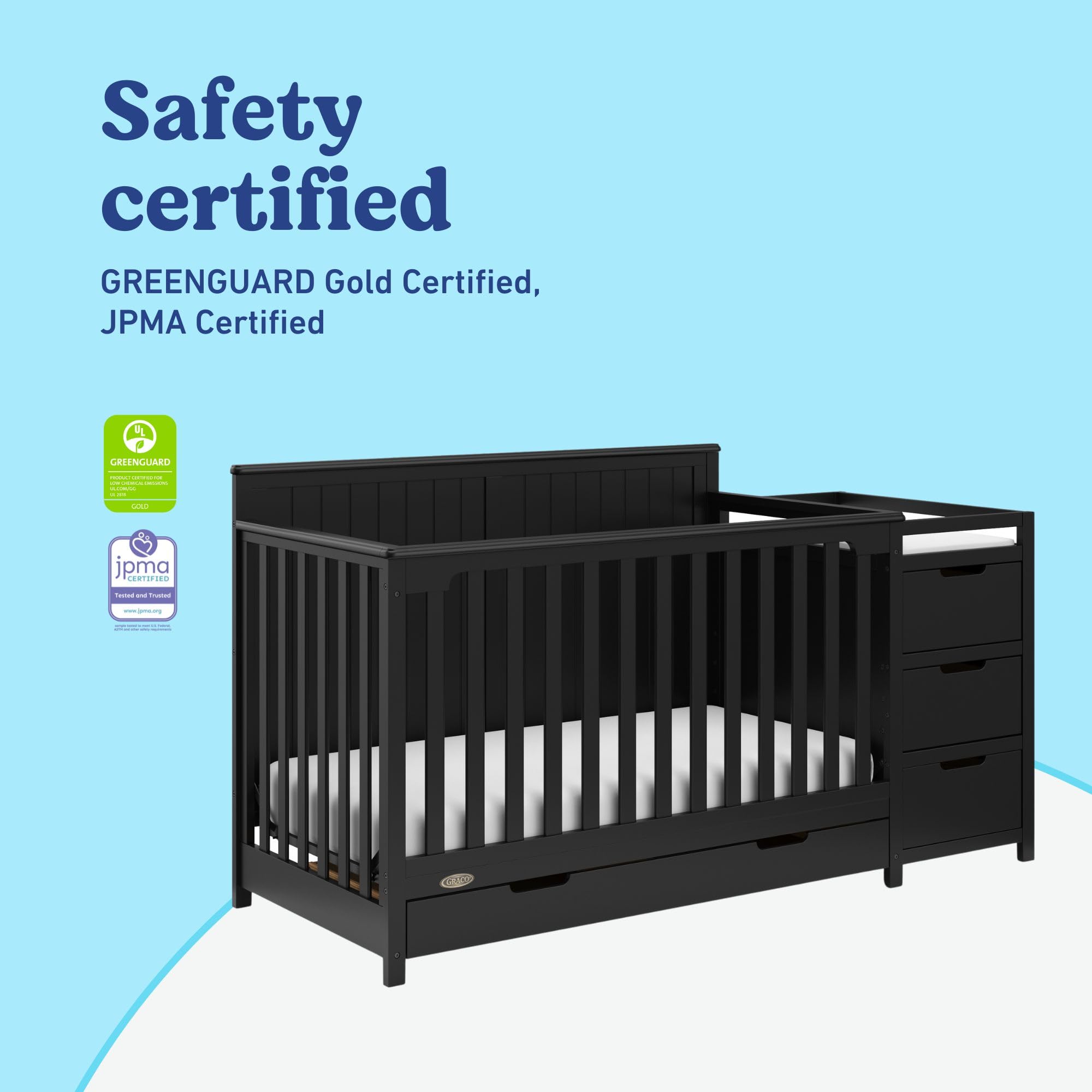 Graco Hadley 5-in-1 Convertible Crib & Changer – GREENGUARD Gold Certified, Fits Standard Crib Mattress, Converts to Toddler Bed and Full Bed, 4 Adjustable Mattress Heights (Black)