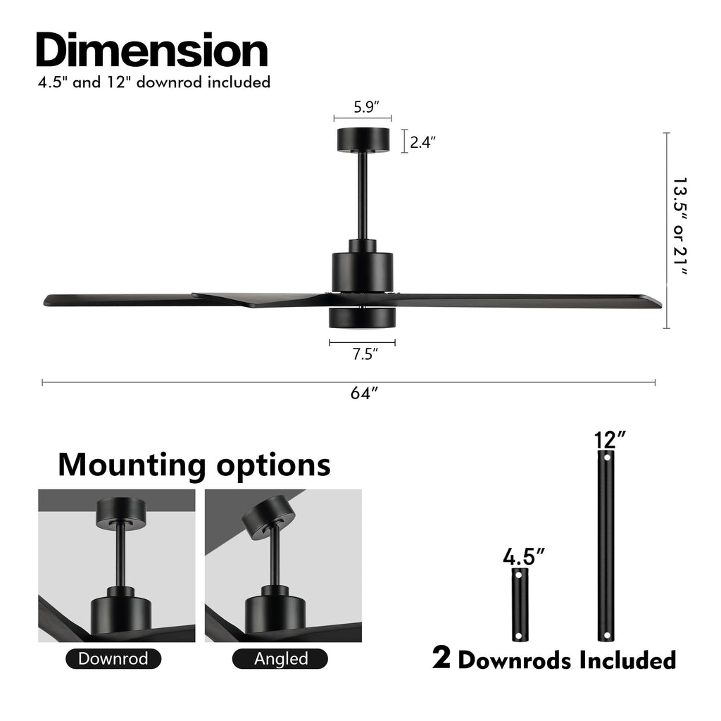 WINGBO 64" DC Ceiling Fan with Lights, 5 Carved Solid Wood Blades, 6-Speed Reversible DC Motor, Matte Black Finish Ceiling Fan with Remote, Black