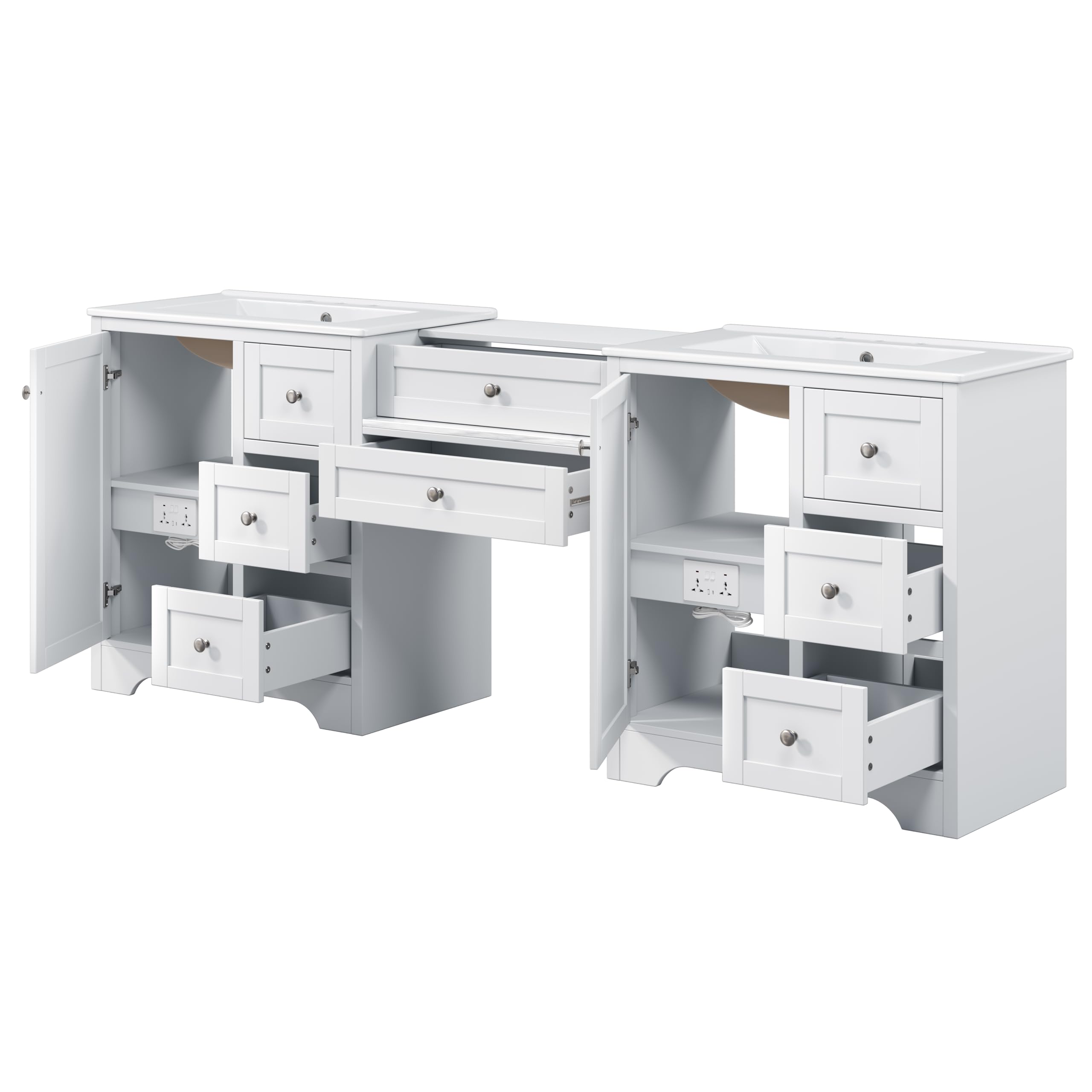 Merax 84" Double Sink Bathroom Vanity with Engineered Stone Countertop & 2 Ceramic Sinks,Large Storage Vanity with 6 Soft Close Drawers,Silver Metal Knobs for Master Bathroom,Family Bath,White