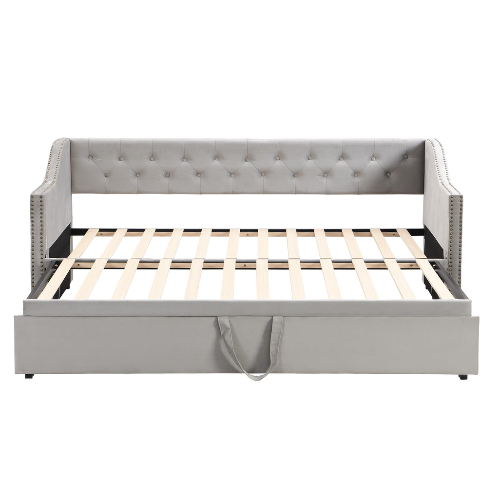 Twin Size Upholstered Daybed with Pop up Trundle,Velvet Day Bed Frame with Extendable Trundle,Twin to King Daybed,Tufted Sofa Bed for Bedroom,Living Room,Guest,Gray