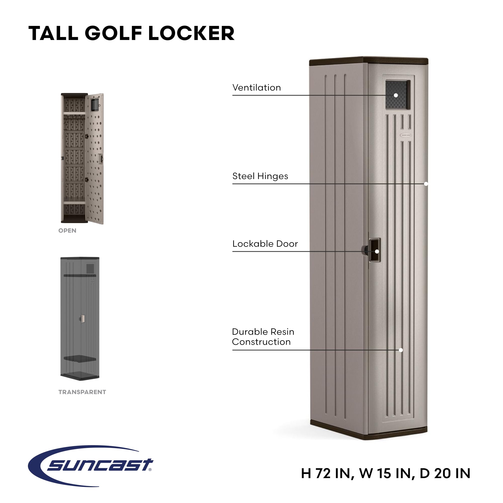 Suncast Garage and Golf Storage Organizer – Golf Rack and Bag Storage, Hall Tree with Shoe Cubby, Heavy-Duty Resin Locker Cabinet with Adjustable Shelves, Lockable, for Golf Equipment, Made in the USA