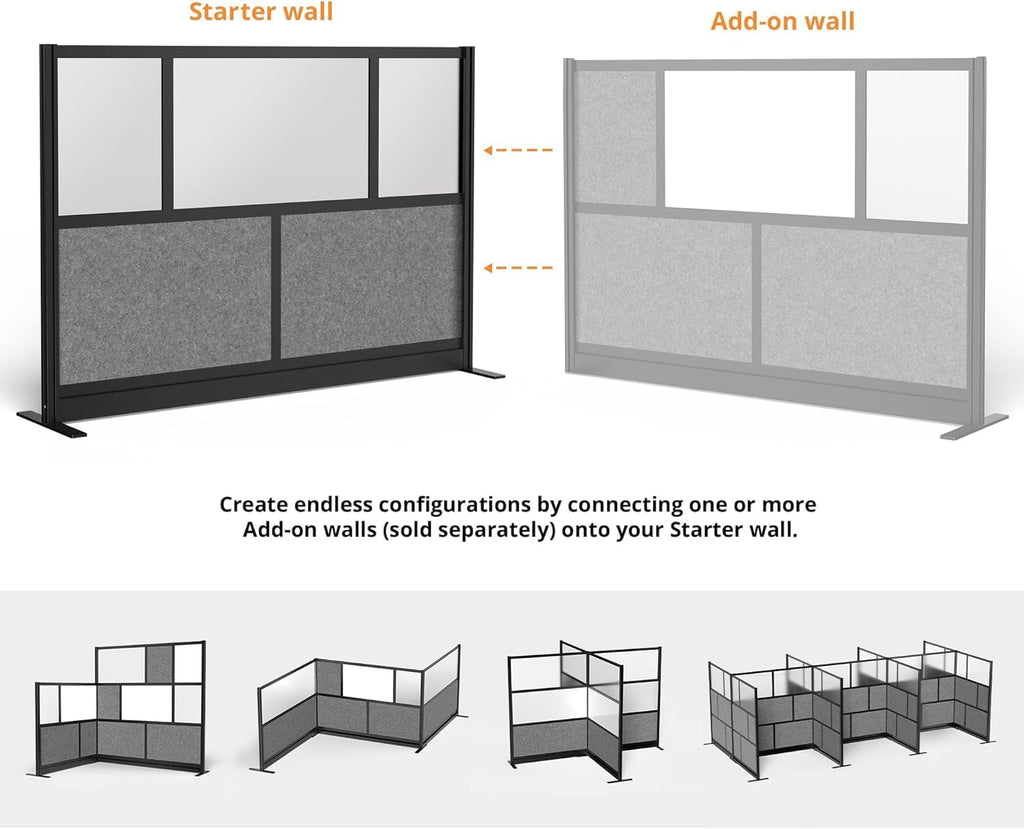 Stand Up Desk Store Expanse Modular Wall | 70'' x 48'' Wall | Expandable Partition Room Divider with Rearrangeable Frosted Acrylic & Sound Absorbent Panels (Black Frame)