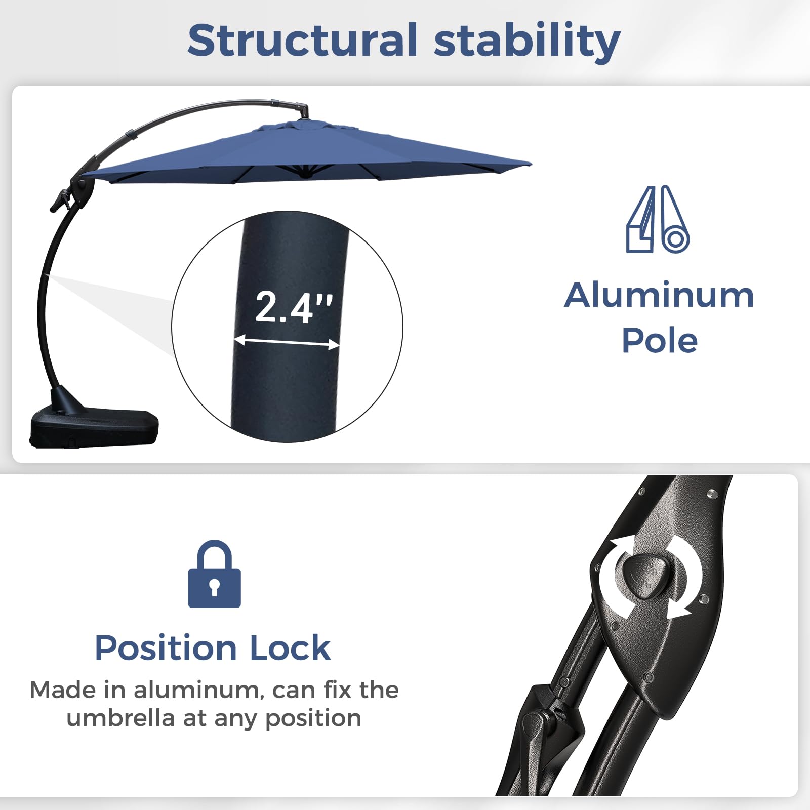 Grand patio 12 FT Patio Cantilever Umbrella Outdoor Large Round Aluminum Offset Umbrella Base Included for Deck Yard (Navy Blue, 12 FT)