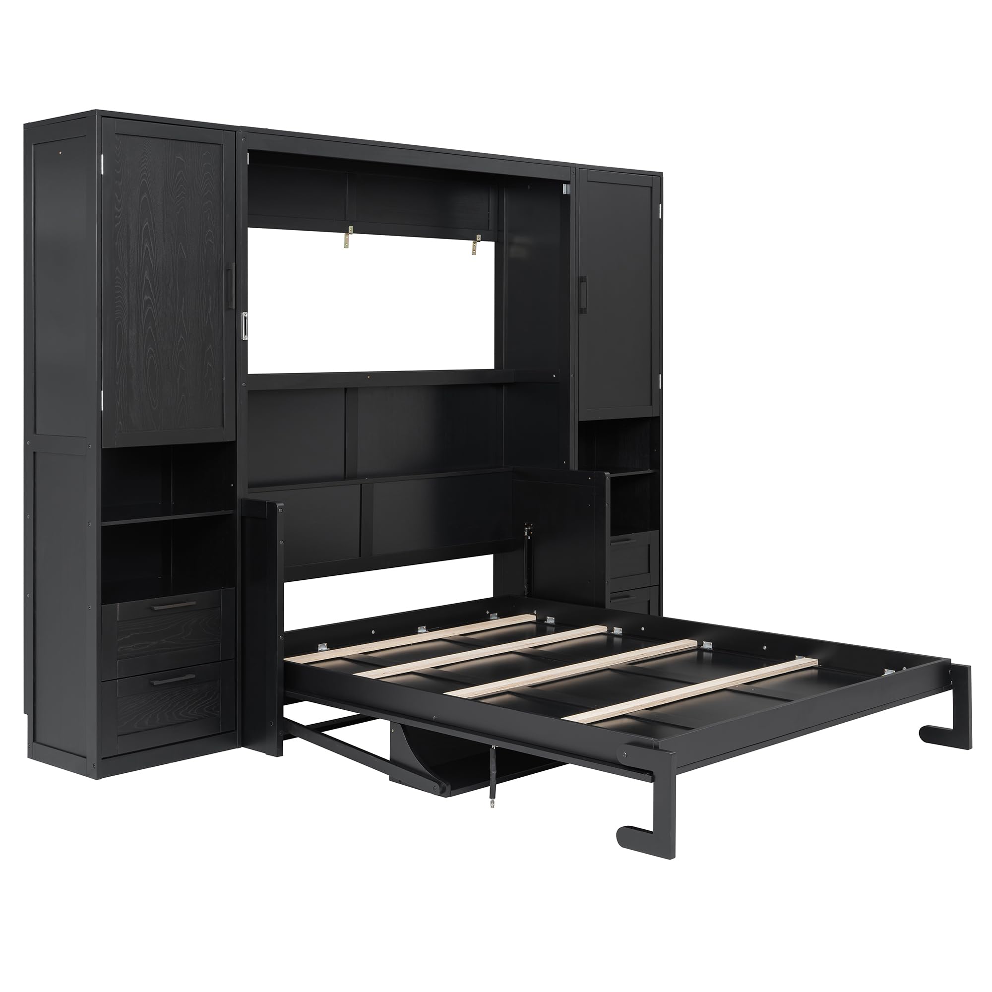 Merax Queen Size Murphy Bed with Desk, Multifunctional Foldable Wall Bed with Closet, Drawers and Shelves, Space-Saving Wood Bed Frame for Small Space Studio Study Office Guest Room, Black(Oak Veneer)
