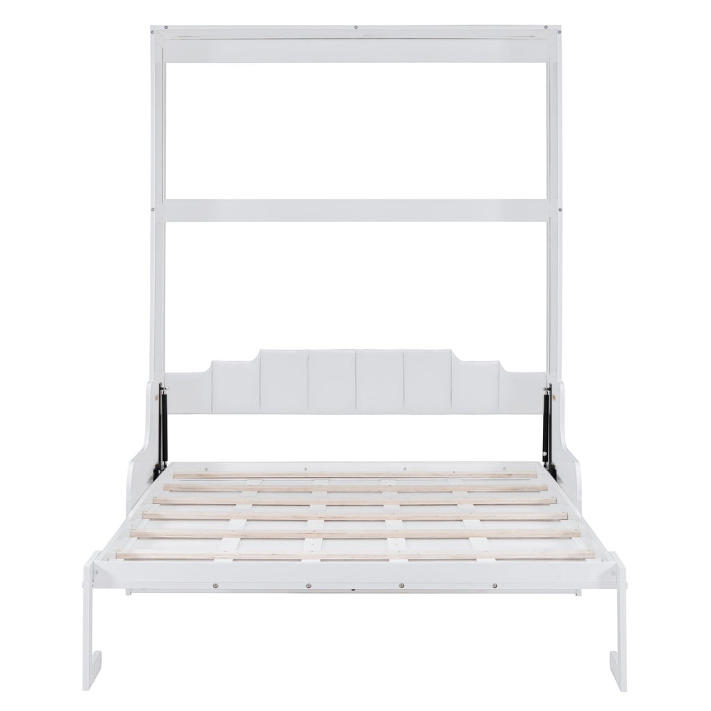 Merax Queen Size Murphy Bed Frame, Modern Wall Bed Can Be Folded into Cabinet, Chair with Cushion, White