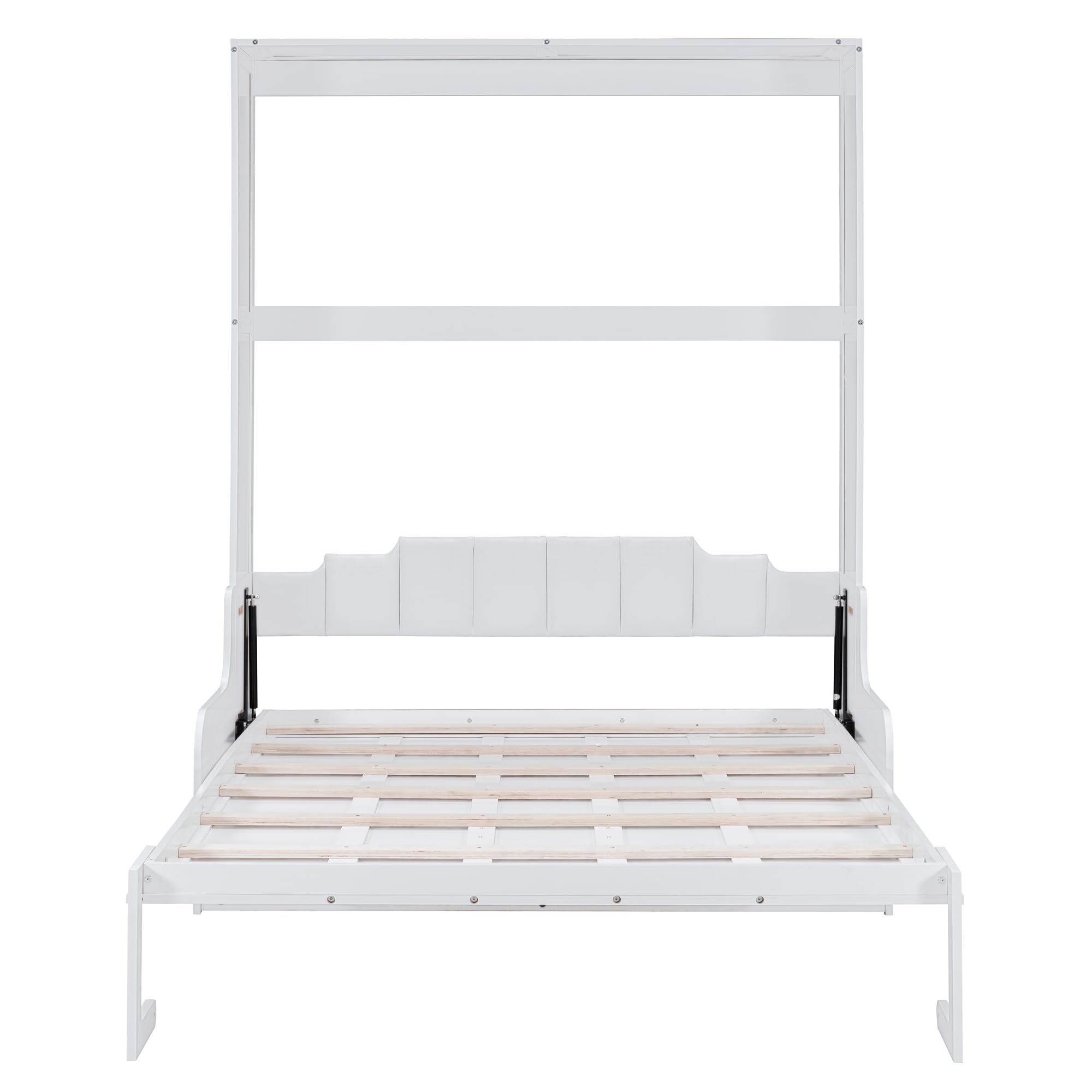 Merax Queen Size Murphy Bed Frame, Modern Wall Bed Can Be Folded into Cabinet, Chair with Cushion, White