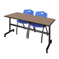 Regency Kobe 72 x 30 in. Flip-Top Training Nesting Table- Noble Oak, 2 M Stack Chairs- Blue