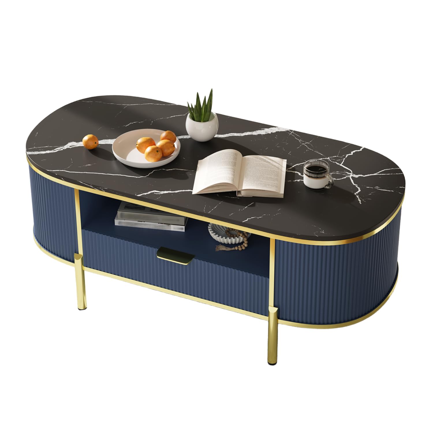 Takywep 48 inch Oval Coffee Table with Drawer, Fluted Modern Faux Marble Top Coffee Table for Living Room, Gold Metal Legs, Center Table for Lounge, Navy Blue