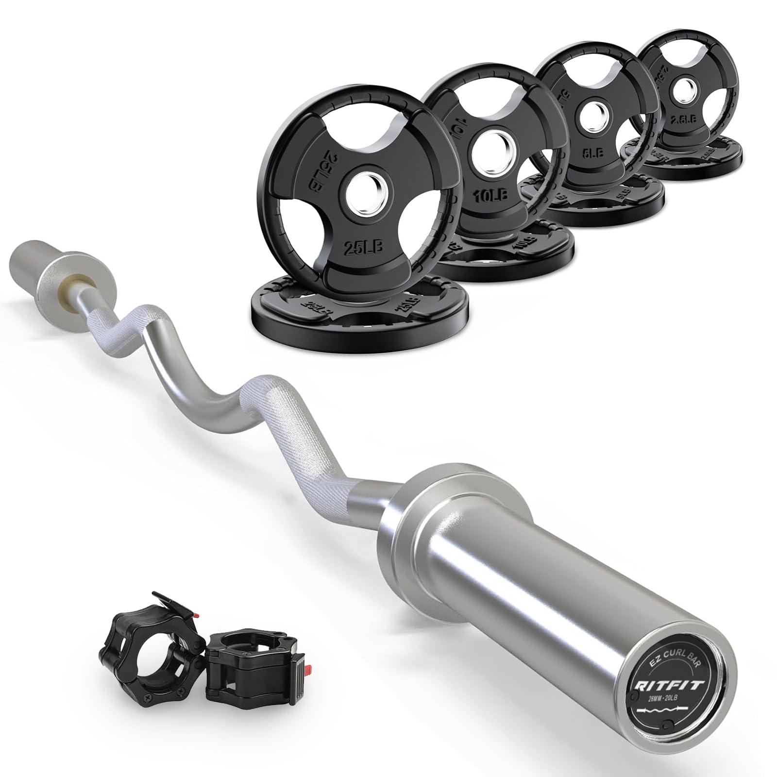 RitFit 2 Inch EZ Curl Bar with Weights, 350LBS Capacity Olympic Barbell for Bicep & Triceps, Home Gym Strength Training,with 85LBweights
