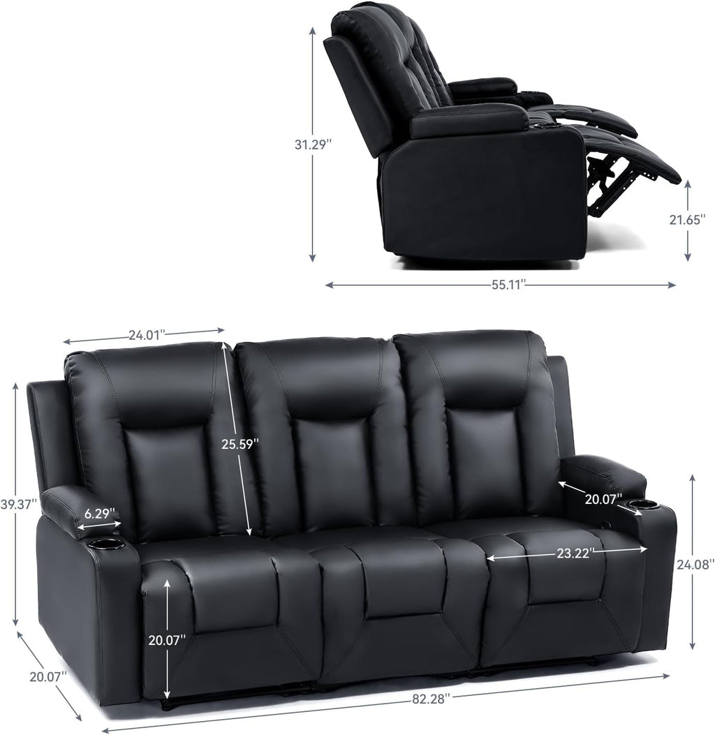 LUCKLIFE Leather Recliner Sofa Set with Manual Recliners,Living Room Furniture Set with Reclining Couch,Loveseat and Armchair,Living Room Chair with Cup Holders,Black (3)