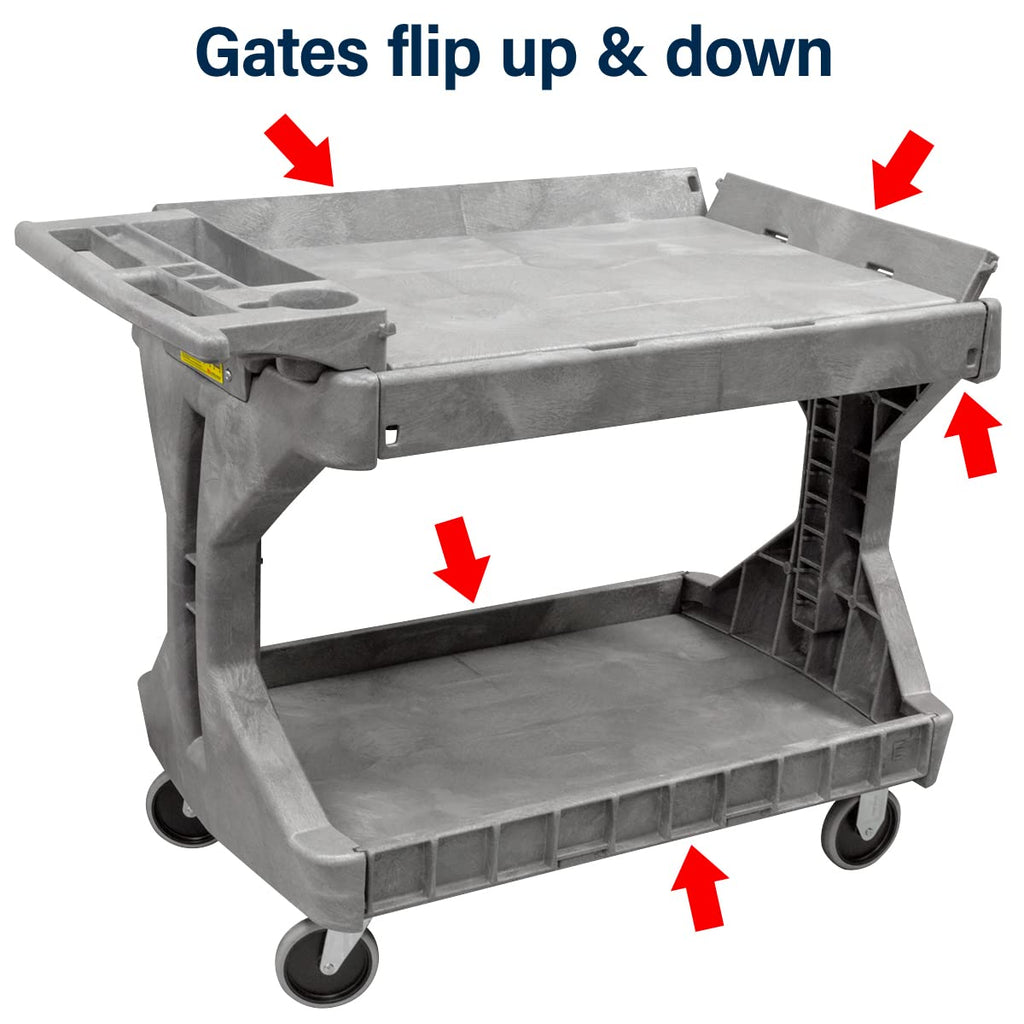 Akro-Mils 30936 ProCart 400 Pound Capacity Heavy Duty 2 Tier Rolling Service Utility Cart with Wheels and Hinged Side Gates, 46-Inch x 24-Inch x 35-Inch, Gray