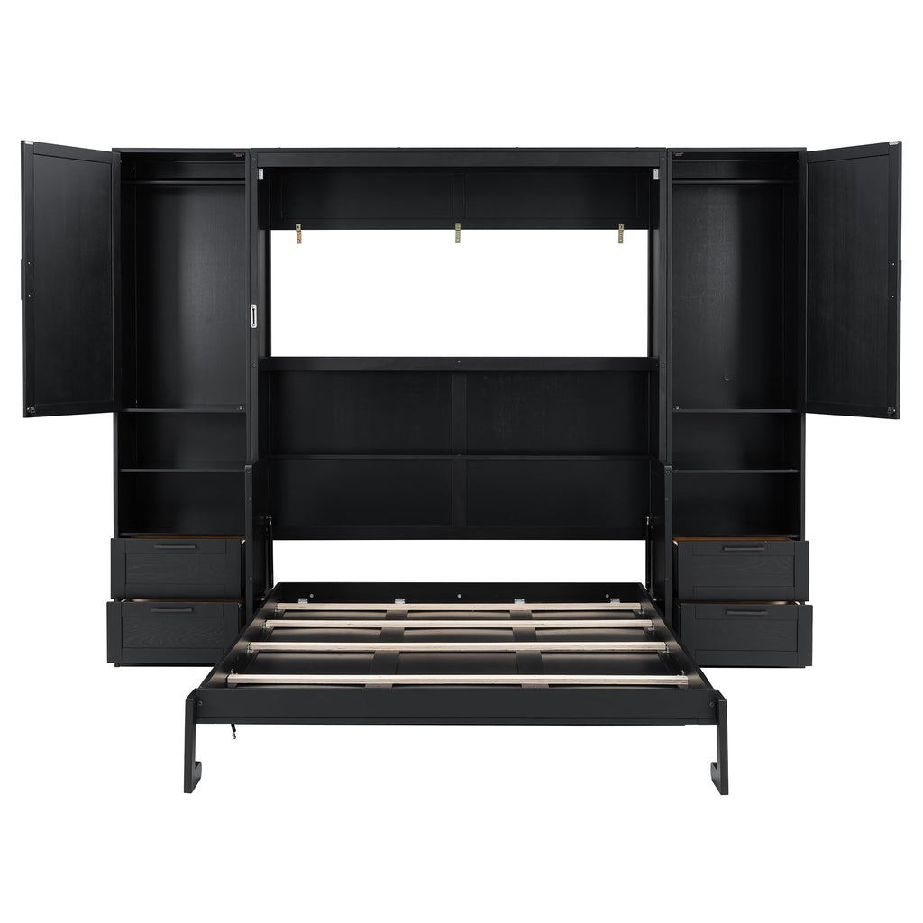 Merax Queen Size Murphy Bed with Desk, Multifunctional Foldable Wall Bed with Closet, Drawers and Shelves, Space-Saving Wood Bed Frame for Small Space Studio Study Office Guest Room, Black(Oak Veneer)