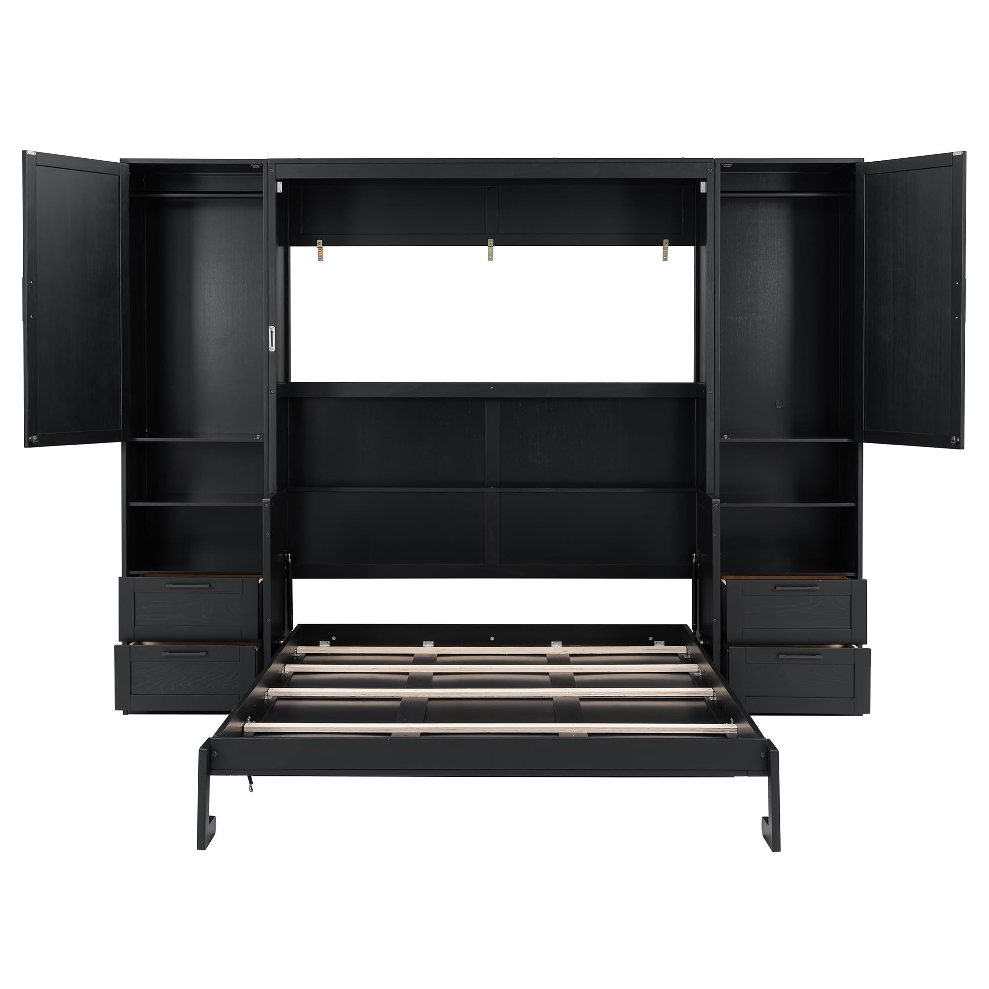 Merax Queen Size Murphy Bed with Desk, Multifunctional Foldable Wall Bed with Closet, Drawers and Shelves, Space-Saving Wood Bed Frame for Small Space Studio Study Office Guest Room, Black(Oak Veneer)