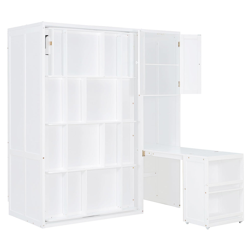 DNYN Rotating Murphy Bed with Top Cabinet and Extendable Desk for Guest/Study Room, Space-Saving Twin Size Wood Foldable Wall Bed Frame with Side Storage Shelf and Bookshelf, No Box Spring Needed