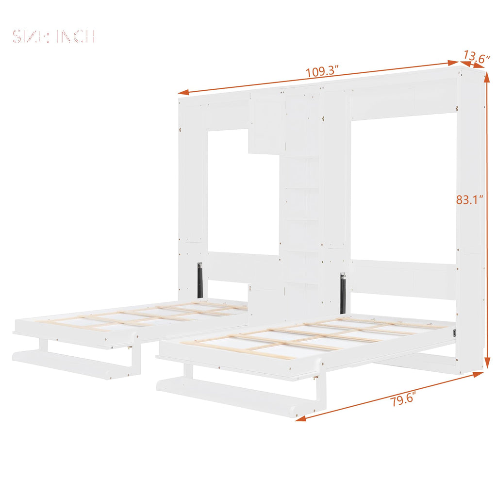 Merax Dual Twin Murphy Bed with Cabinets and Shelves, Space Saving Wall Bed with Storage, Foldable Twin Beds with Convertible Shelf Legs for Guest Room, Small Space, White