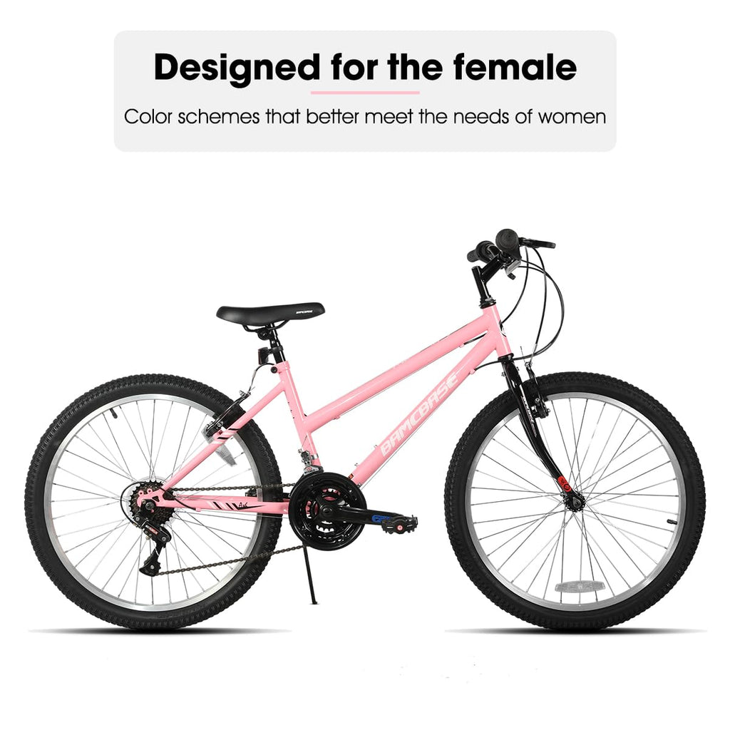 HILAND Bamcbase Womens Mountain Bike, 24 Inch 18 Speeds Hybrid Commuter Bicycle for Adults, Sport Hardtail Trail MTB Pink